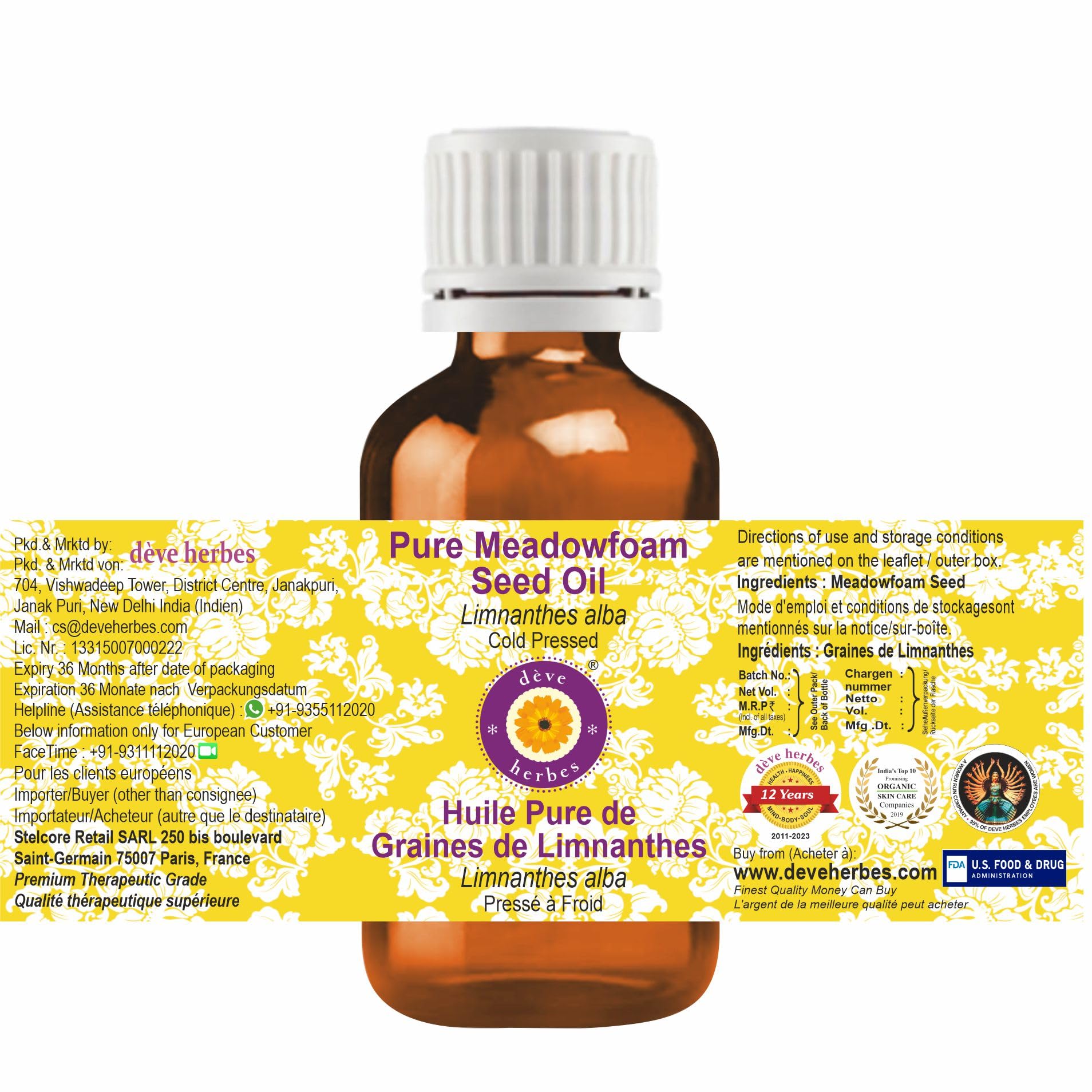 Olio di semi di Meadowfoam puro di Deve Herbes (Limnanthes alba) 100% grado terapeutico naturale spremuto a freddo 100ml (3.38 oz)