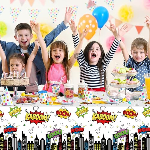Miniatura 6 de 3 manteles de fiesta de cumpleaños con temática de héroes, mantel rectangular desechable de plástico de paisaje urbano blanco Super Bang para baby