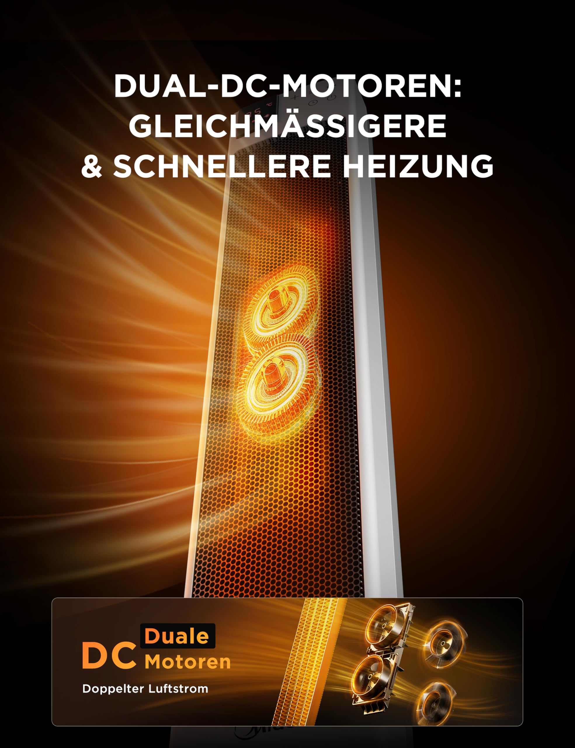 Midea NTH20-22GR(WH) PTC Keramik Heizlüfter 2000 Watt mit Thermostat, Fernbedienung, 2 Heizstufen, 24H Timer, ECO-Modus, 75° Oszillation