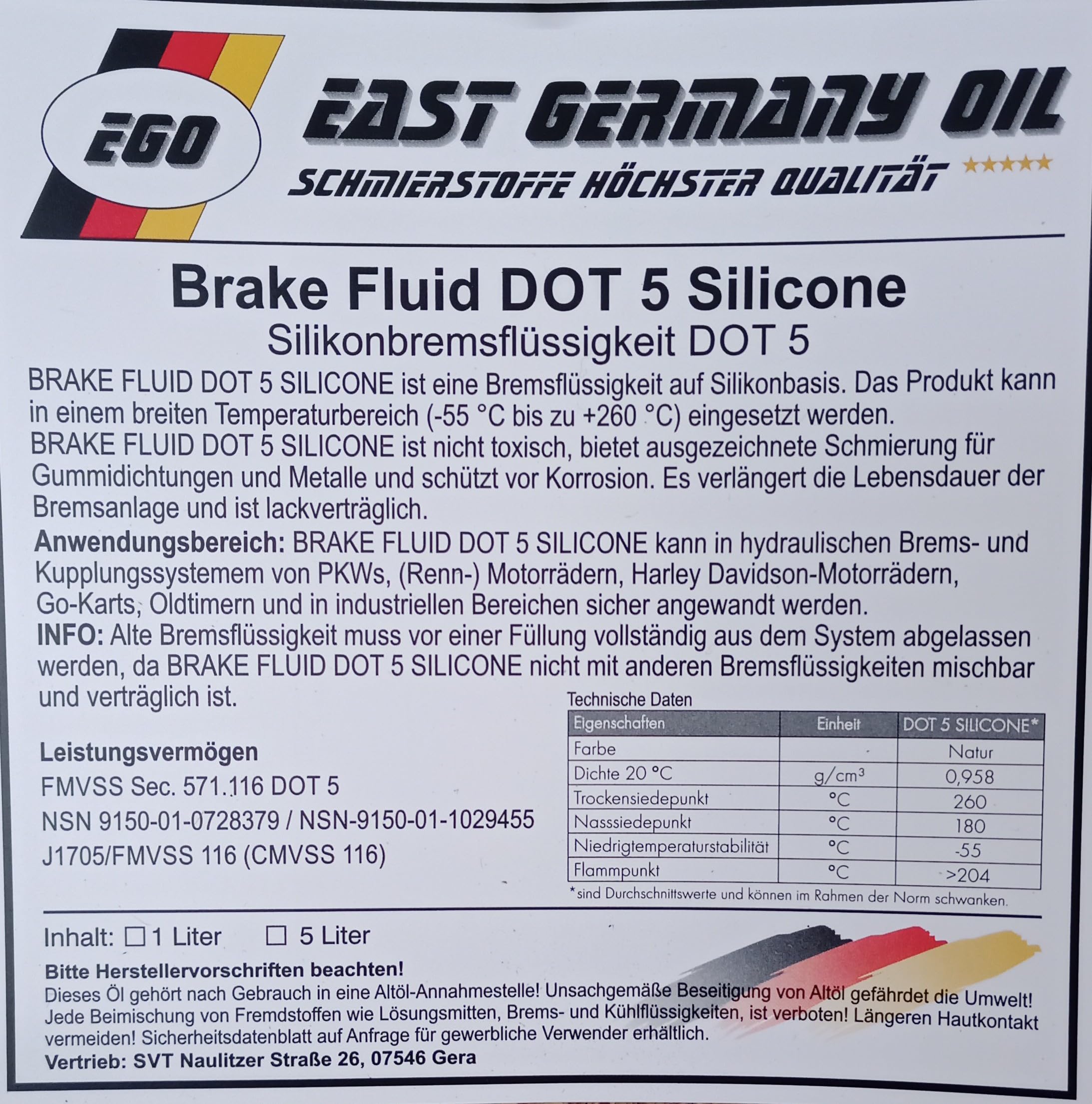 East Germany Oil Silikonbremsflüssigkeit DOT 5 Silicone Break Fluid DOT 5 - Flasche 1 Liter Inhalt-