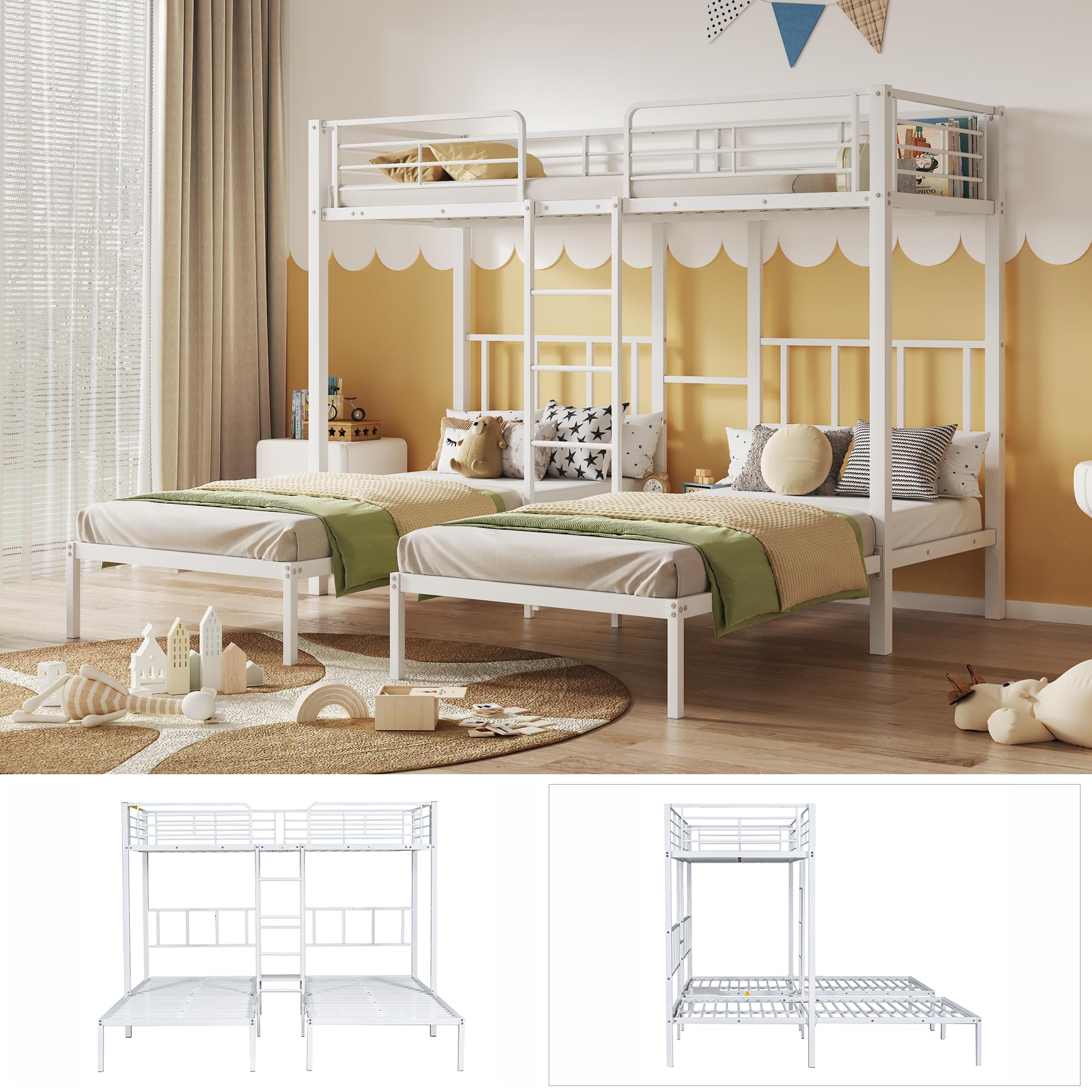Soweiz Letto tripla a castello con scala per bambini e ragazzi, letto in ferro con griglia e tavolo (90 x 200 cmx3) (bianco)