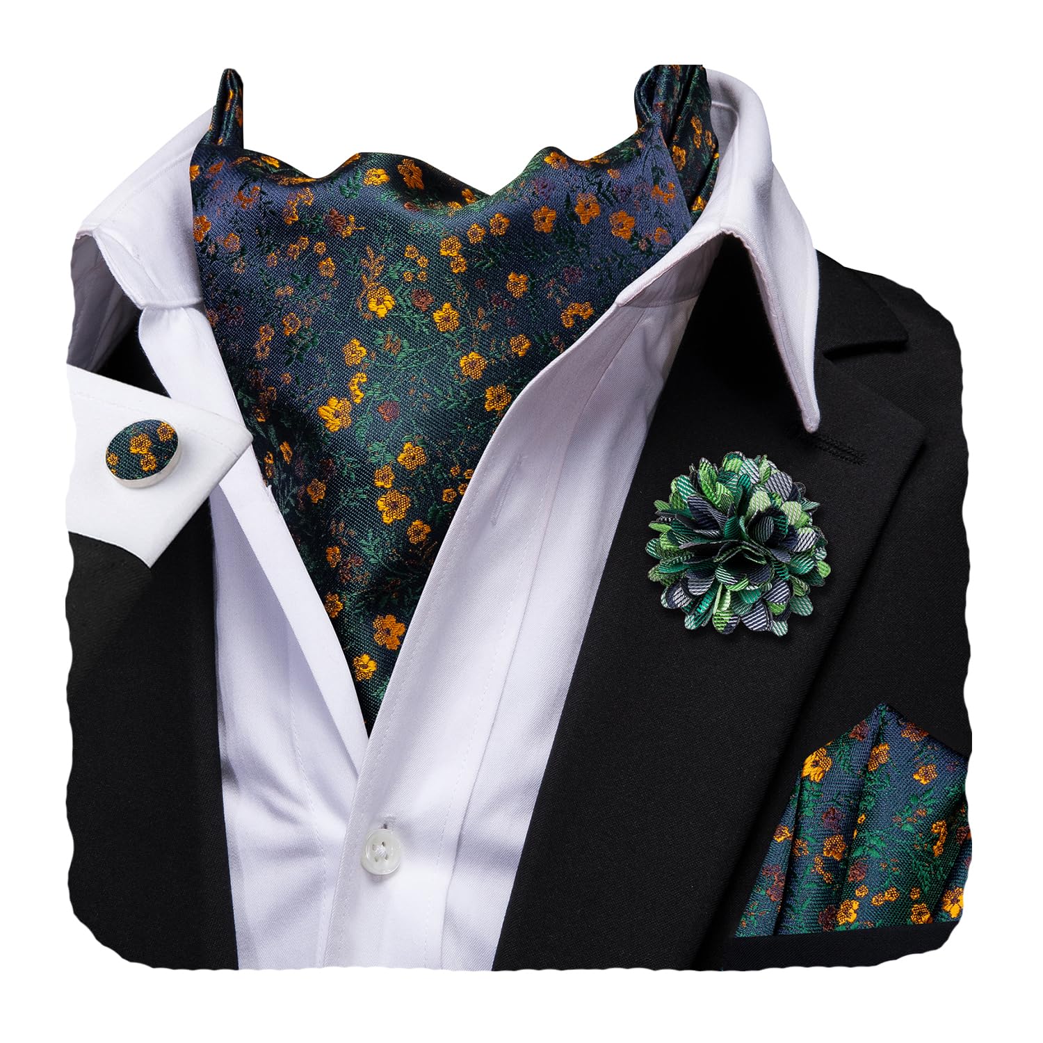 Hi-Tie Silk Ascot for Men Self Tie Men's Cravat and Flower Lapel Pin Handkerchief Cufflinks Set for Wedding Party