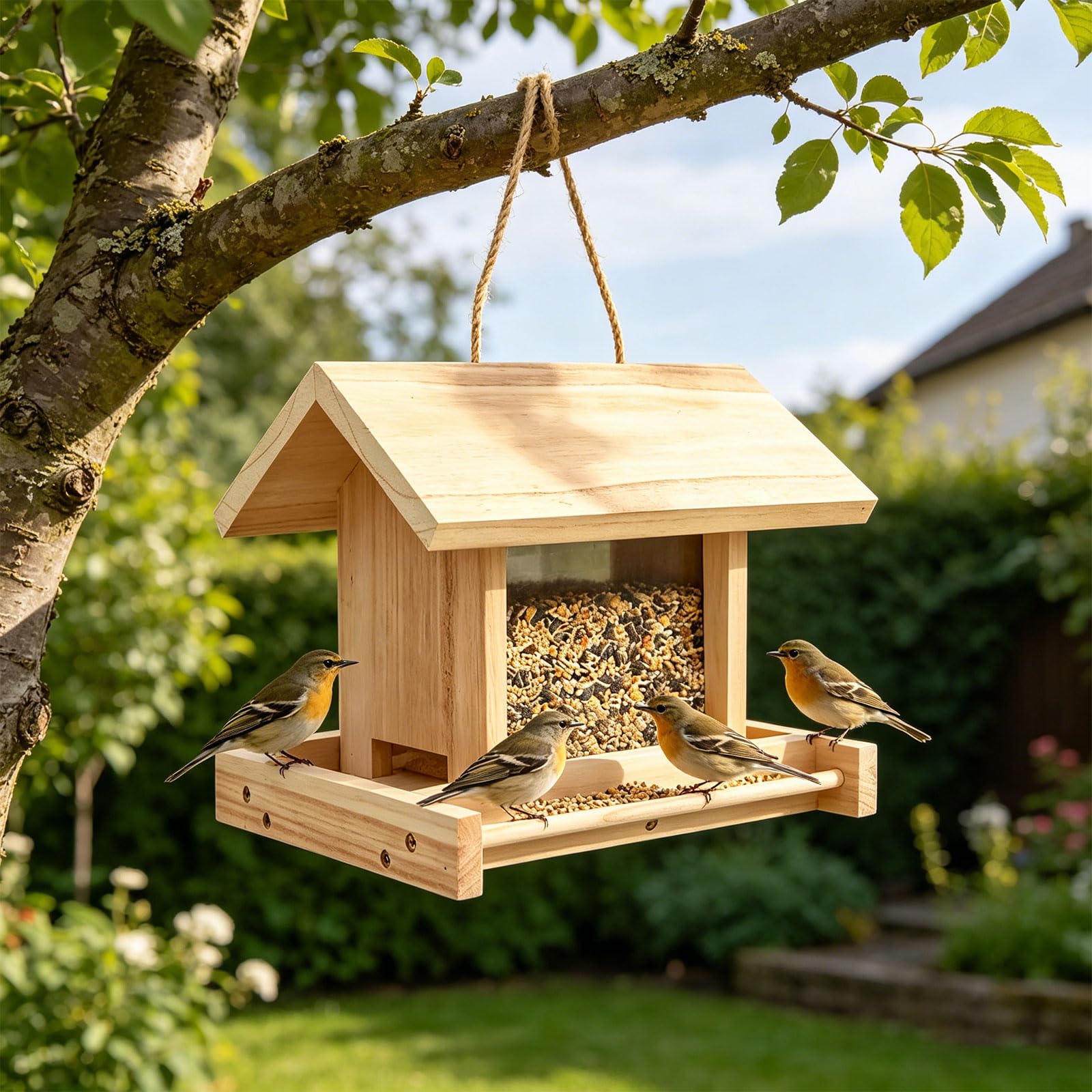 Vogelhaus aus Holz mit großem Fassungsvermögen und offenem Futterplatz und Schutzdach für den Außenbereich