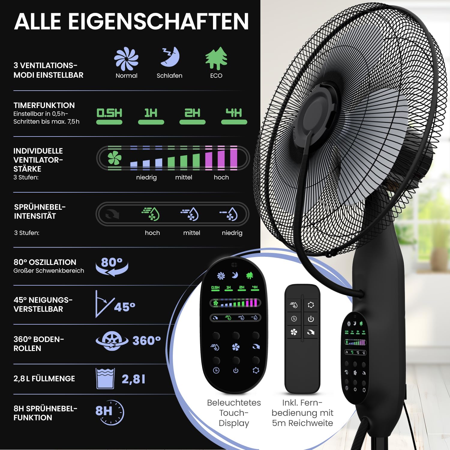 NEU Ventilator mit Wasserkühlung, Standventilator sehr leise mit Fernbedienung, Luftkühler mit Timer-Funktion, Drei Geschwindigkeiten, Schwenk- und Neigefunktion, schwarz