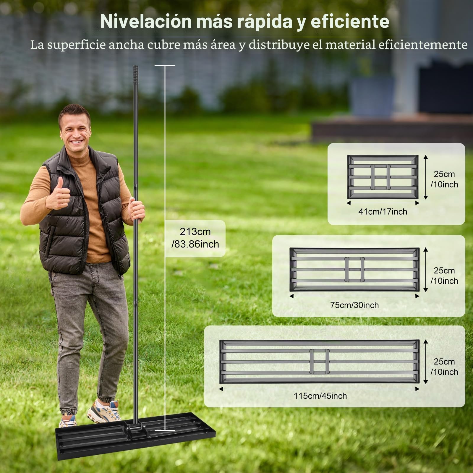 Rastrillo Nivelador de Césped 41x25cm, Rastrillo de Nivelación de Césped Resistente con Mango Ajustable Antideslizante de 213cm, Rastrillo para Césped Jardín, Campo de Golf, Negro