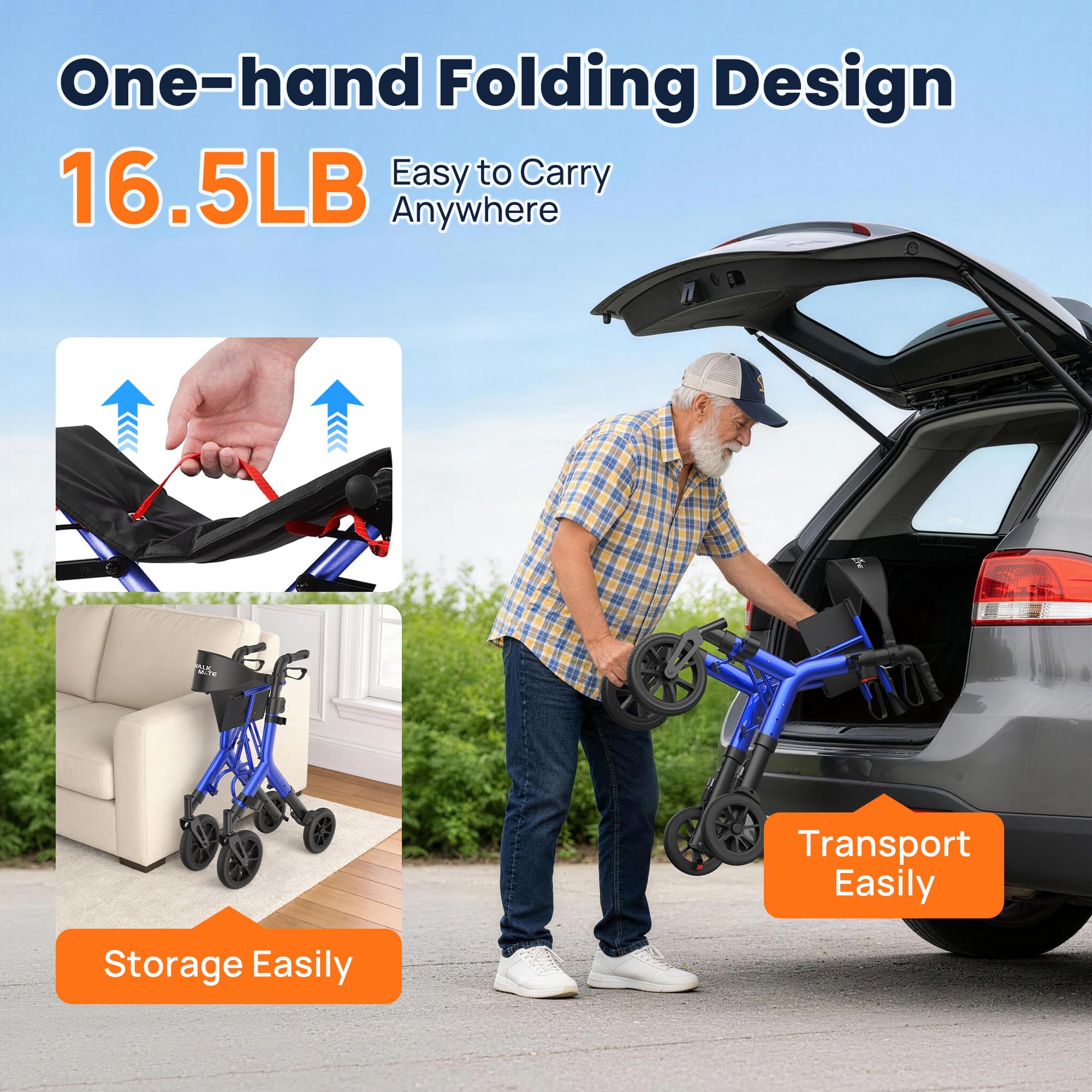 WALK MATE Deambulatore deambulatore per anziani con sedile per 5,3 ~ 2,1 m di altezza | Sedile regolabile in altezza, cavo integrato, ruote da 25,4 cm, design pieghevole leggero e compatto, capacità 136 kg, blu