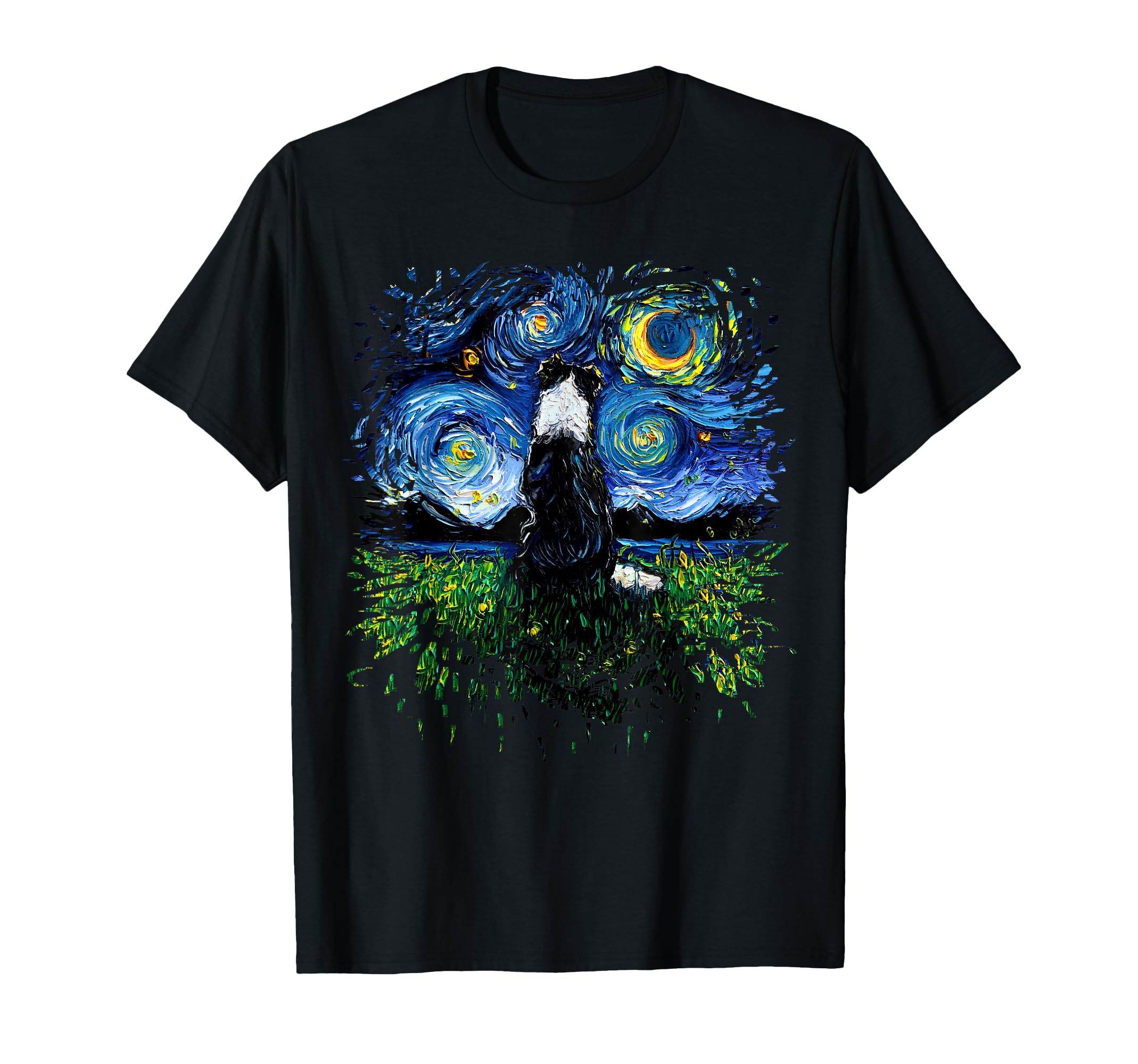 Border Collie Back Starry Night Impressionist Dog Aja Art T-Shirt for Men Women Girls Kids