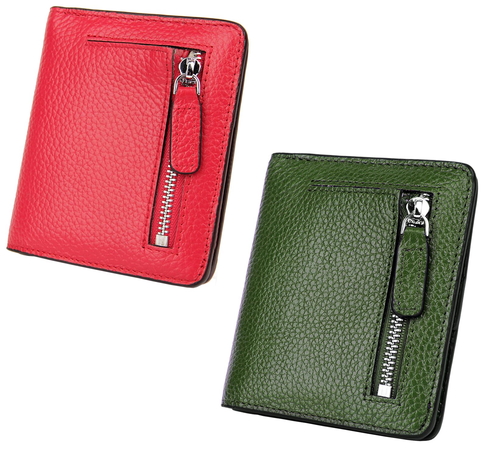 AINIMOERWomen Leather Wallet RFID Blocking Small Mini Bifold Zipper Pocket Card Case Red and Green
