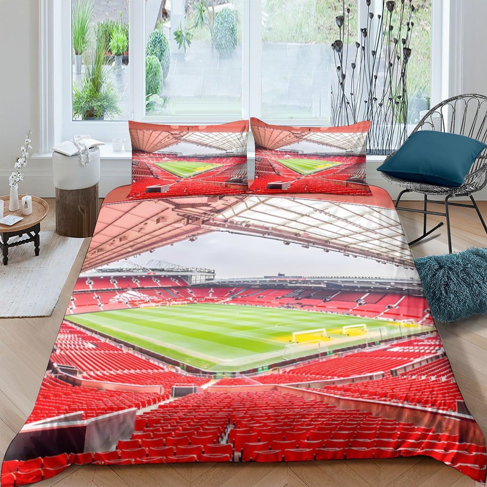 GPLZQXKJNH 3D Printed Football Stadium Duvet Cover Microfiber Soft Breathable Soccer Bedding Set with 2 Pillowcases for Bedroom Decor Single（135x200cm）