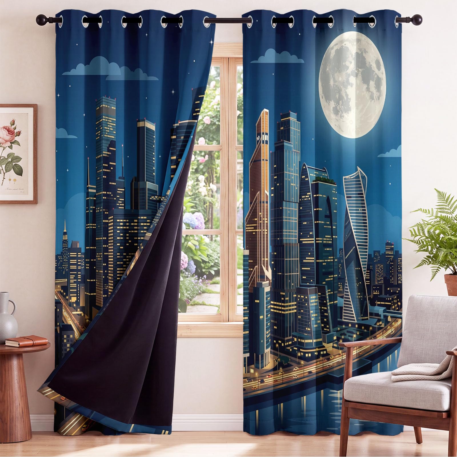 Générique Rideau Occultant Moderne Urbain 132 x 214 CM, Ville Architecture Rideaux et Draperies pour Enfants Filles Chambre Salon Rideaux de Fenêtre Thermiques Isolants
