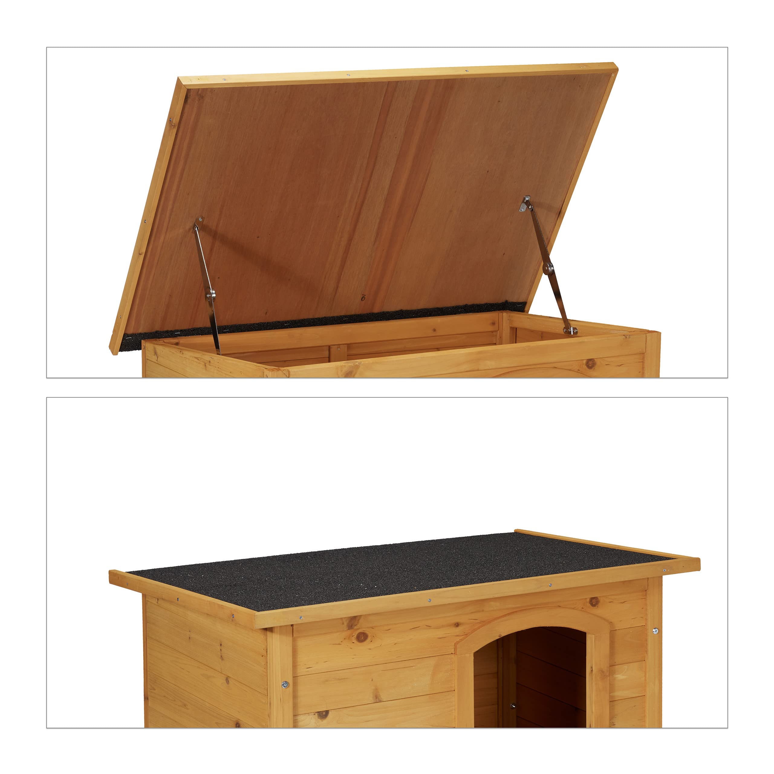 Relaxdays Caseta para Perro Tejado Abatible Placa Asfáltica, Casa de Madera para Exterior, 58 x 86 x 58 cm, Marrón/Negro