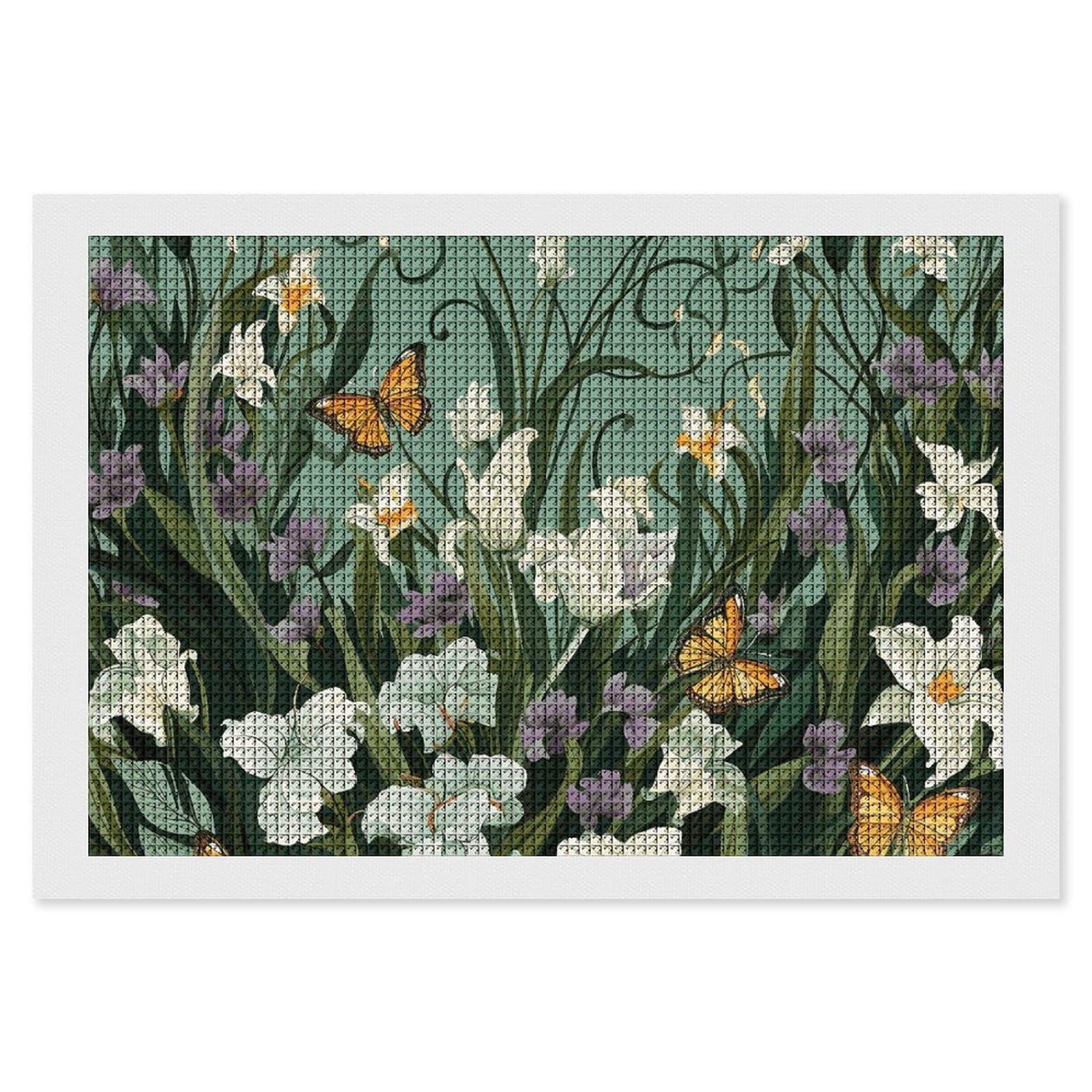 Flowers And Butterflies on Green Background Diamond Art Kits for Adults, DIY 5D Diamonds Painting Kits for Beginner, Round Full Drill Diamond Dots Painting, 8"x12" Diamonds Pictures Gem Art And Crafts