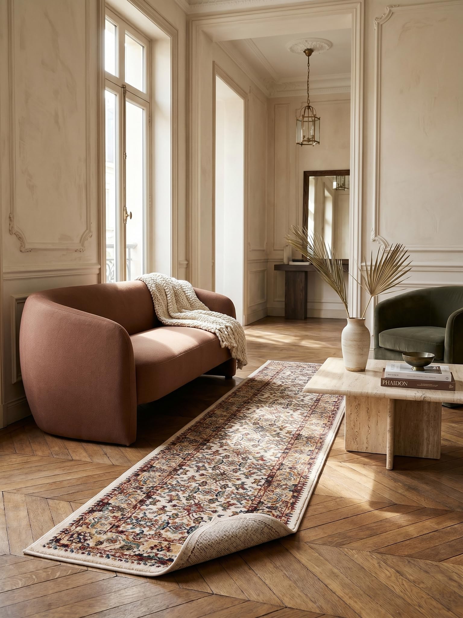 Tapis de Passage Motif Géométrique Dense et Robuste Naturel 60 x 230 cm Salle à Manger | GLAZERT