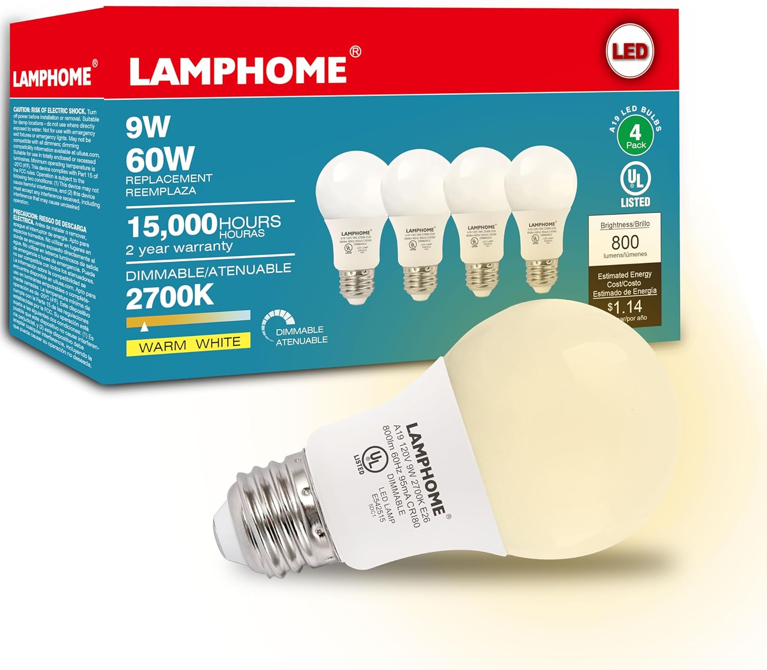 LAMPHOME Paquete de 4 bombillas LED blancas suaves, ideales para dormitorio y sala de estar, equivalente a 60 W, 2700 K, 9 W, vida útil de 15000