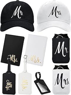8 Pack Mr and Mrs Gifts Sets, Include 2 Pack Mr and Mrs Hats, 2 Pack Mr and Mrs Can Coolers, 2 Pack Mr. and Mrs. Bridal Luggage Tags with 2 Pack Passport Covers
