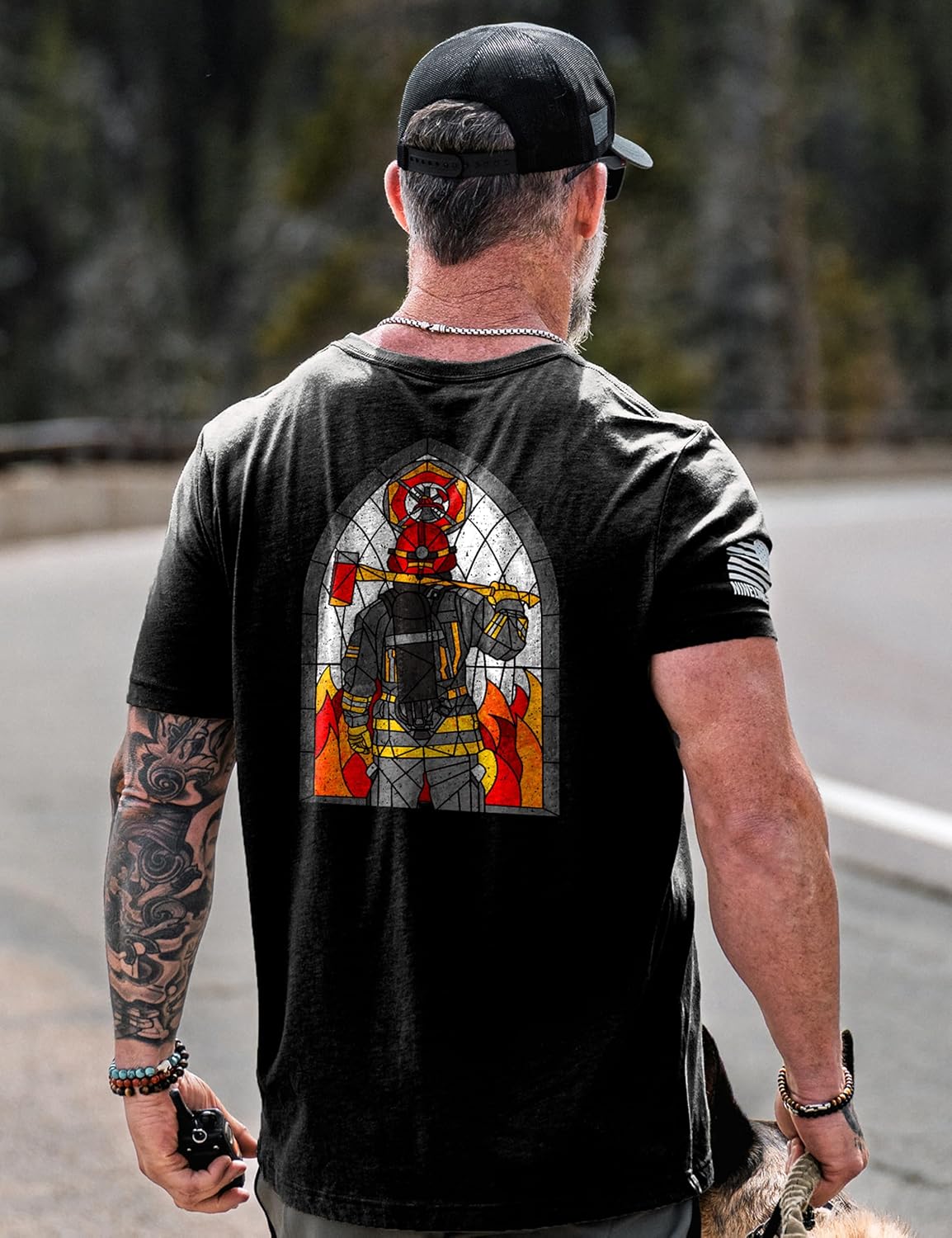 Nine Line Support Firefighters Patriotic T-Shirt, Stained Glass Fire Rescue, First Responder Fireman Shirt, American Flag - Image 3
