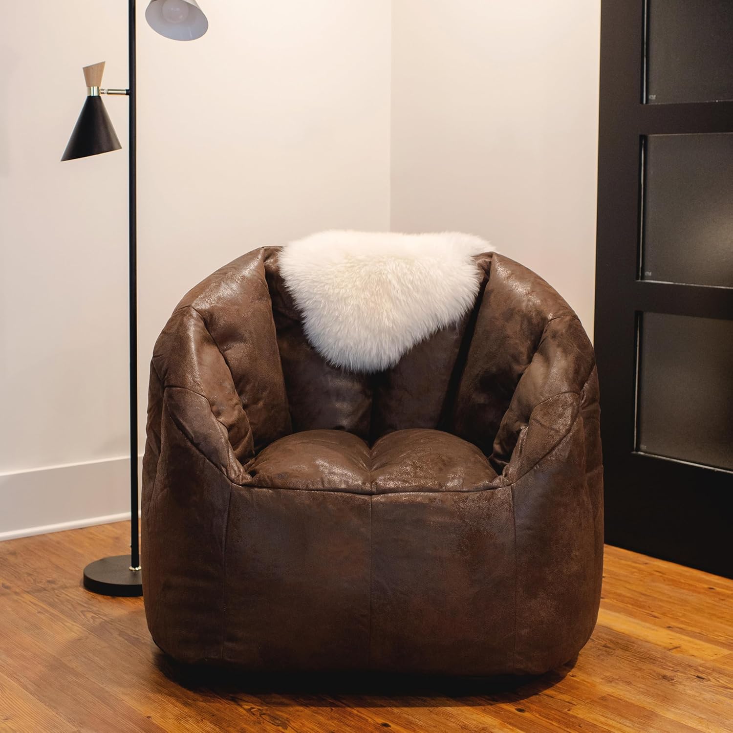 Espresso Vegan Leather Large Bean Bag Chair with Structured Back