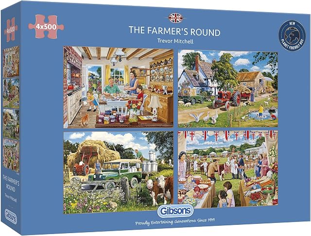 The Farmer's Round 4x500 Piece Jigsaw Puzzle | Multi-Puzzle | Sustainable Puzzle for Adults | Premium 100% Recycled Board | Great Gift for Adults | Gibsons Games