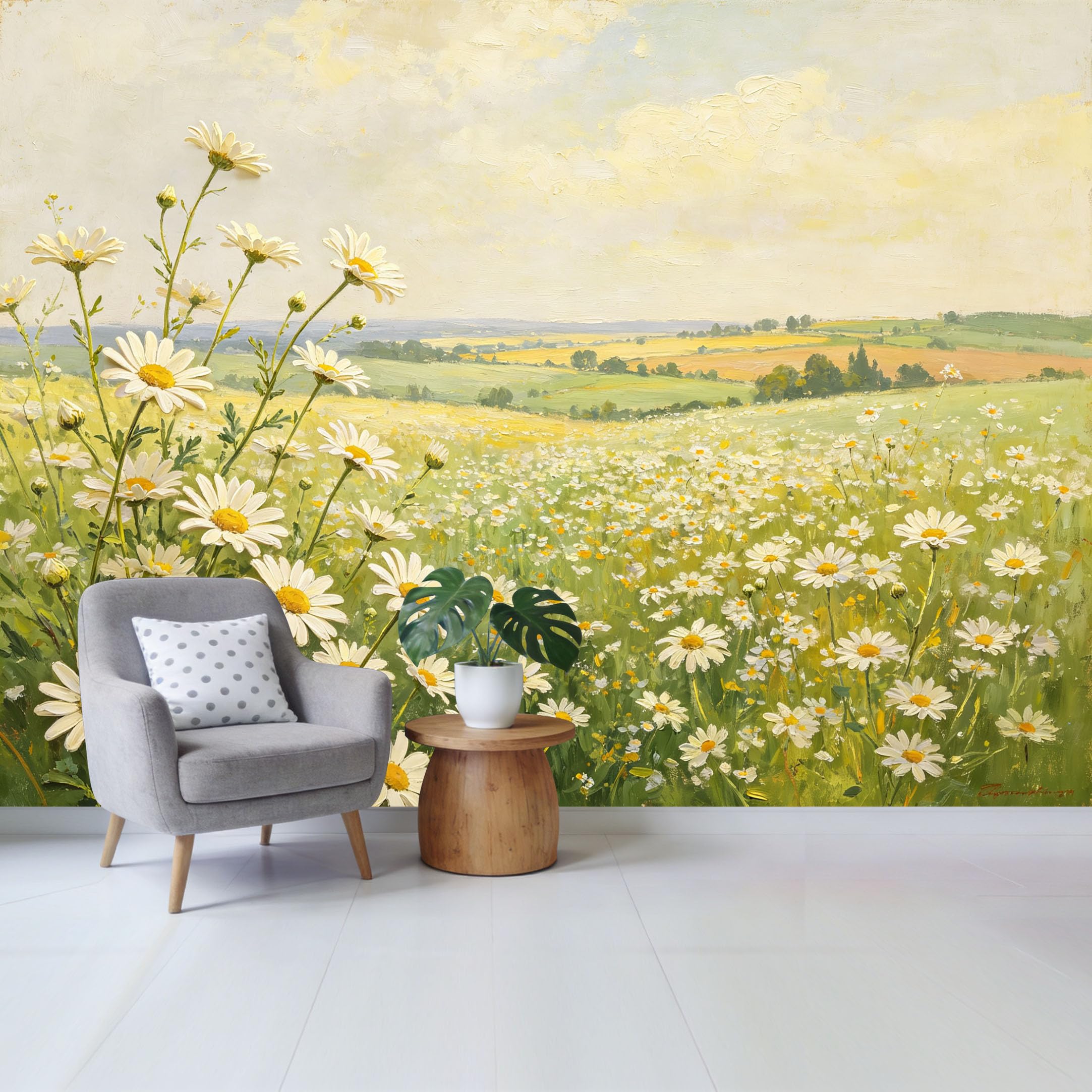 Qzlithotic Yq2605250478 Custom Size Wall Mural Daisy Flower Field Landscape Oil Painting Texture Selfadhesive Wall Fabric Removable Wallpaper For Home Office Decor