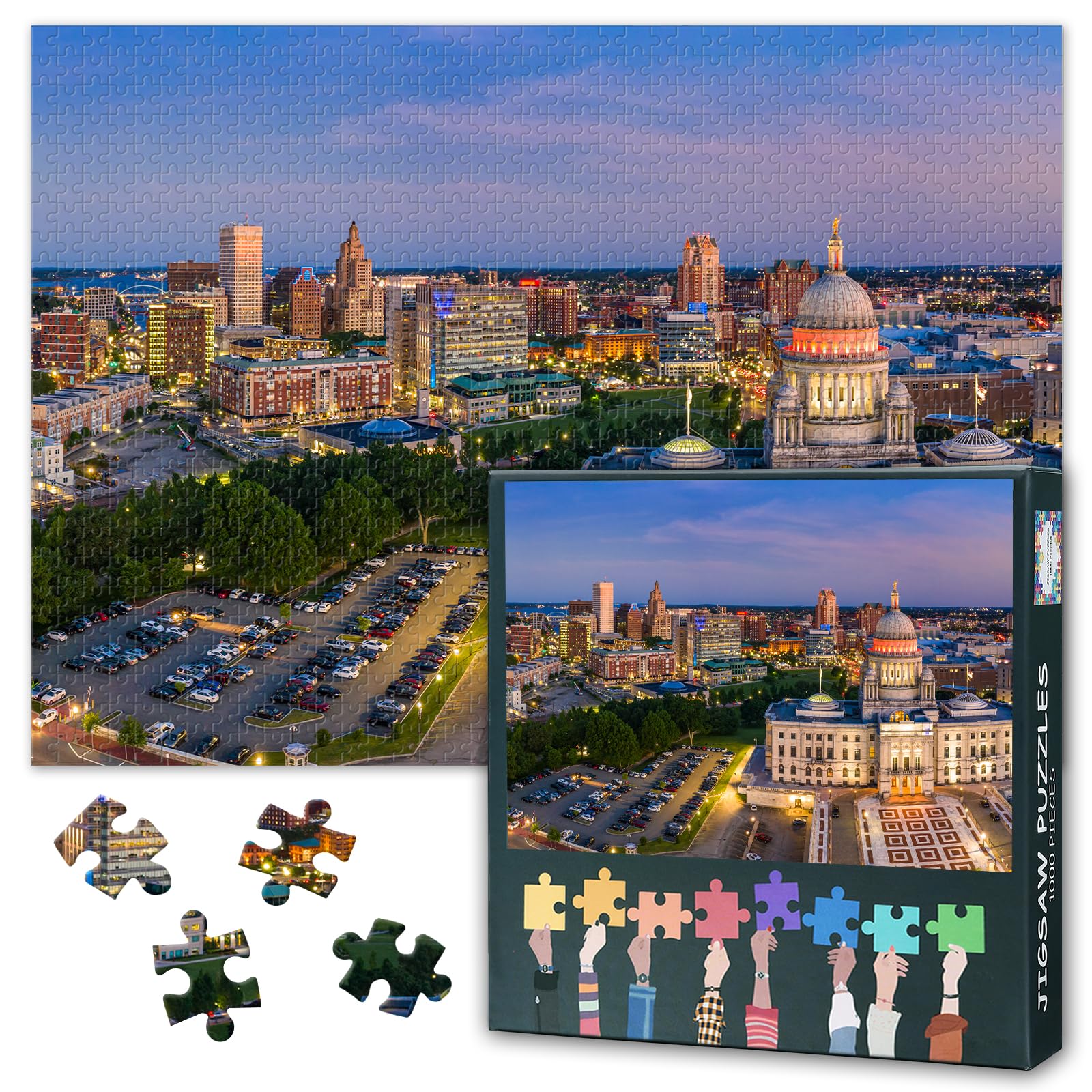Providence US Skyline - Rhode Island Capitol Building at Dusk - Urban Skyscraper - 1000 Piece Jigsaw Puzzle for Adults -Challenging Puzzle Perfect for Game Nights - Finished Size is 27.5"x19.6"