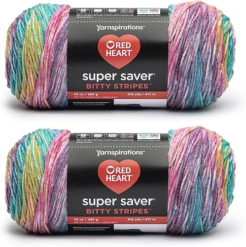 Miniatura 20 de Red Heart Super Saver Bitty Stripes - Hilo de algas marinas, paquete de 2 unidades de 100 % acrílico, 100% acrílico, peinado #4 (mediano), 515 Algas