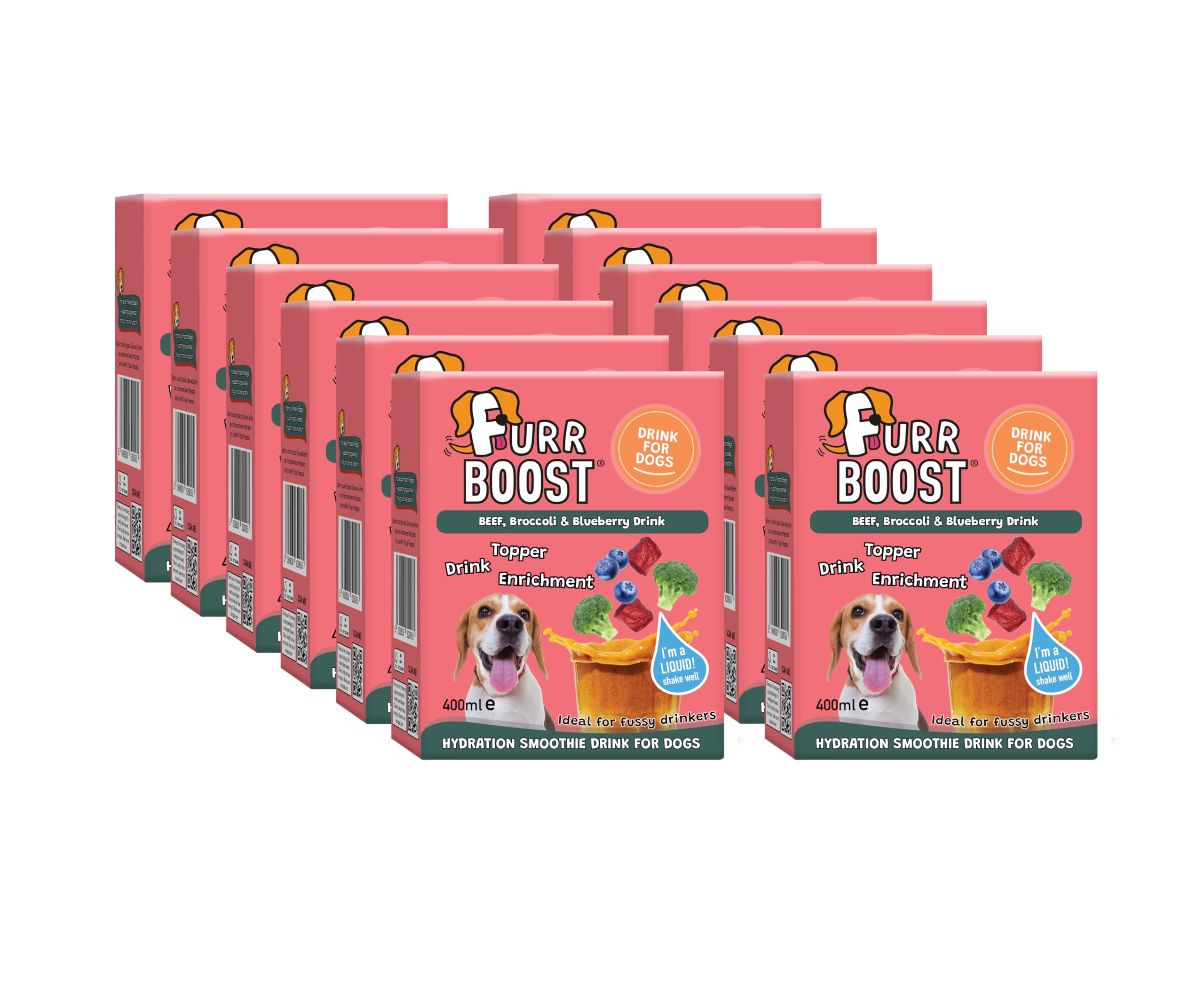 Furr Boost Dog Drink Hydration Pack Beef, Broccoli, & Blueberry (12x400ml) | 100% Natural Rehydration Smoothie for Dogs | No Additives or Preservatives | More Benefits than Bone Broth |