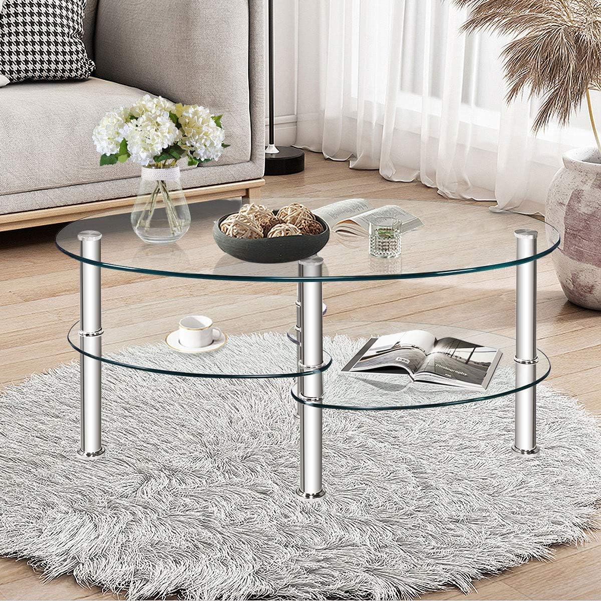 DORTALA Tempered Glass Oval Coffee Table, 3-Tier Modern Side Table with Chrome Base and Open Storage Shelf, Home Furniture Decor End Table for Living Room, Office Reception, Clear