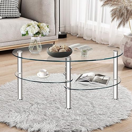 Miniatura 2 de POWERSTONE Mesa de centro ovalada de vidrio templado de 3 niveles, pequeña y moderna para oficina en casa, sala de estar, espacios pequeños