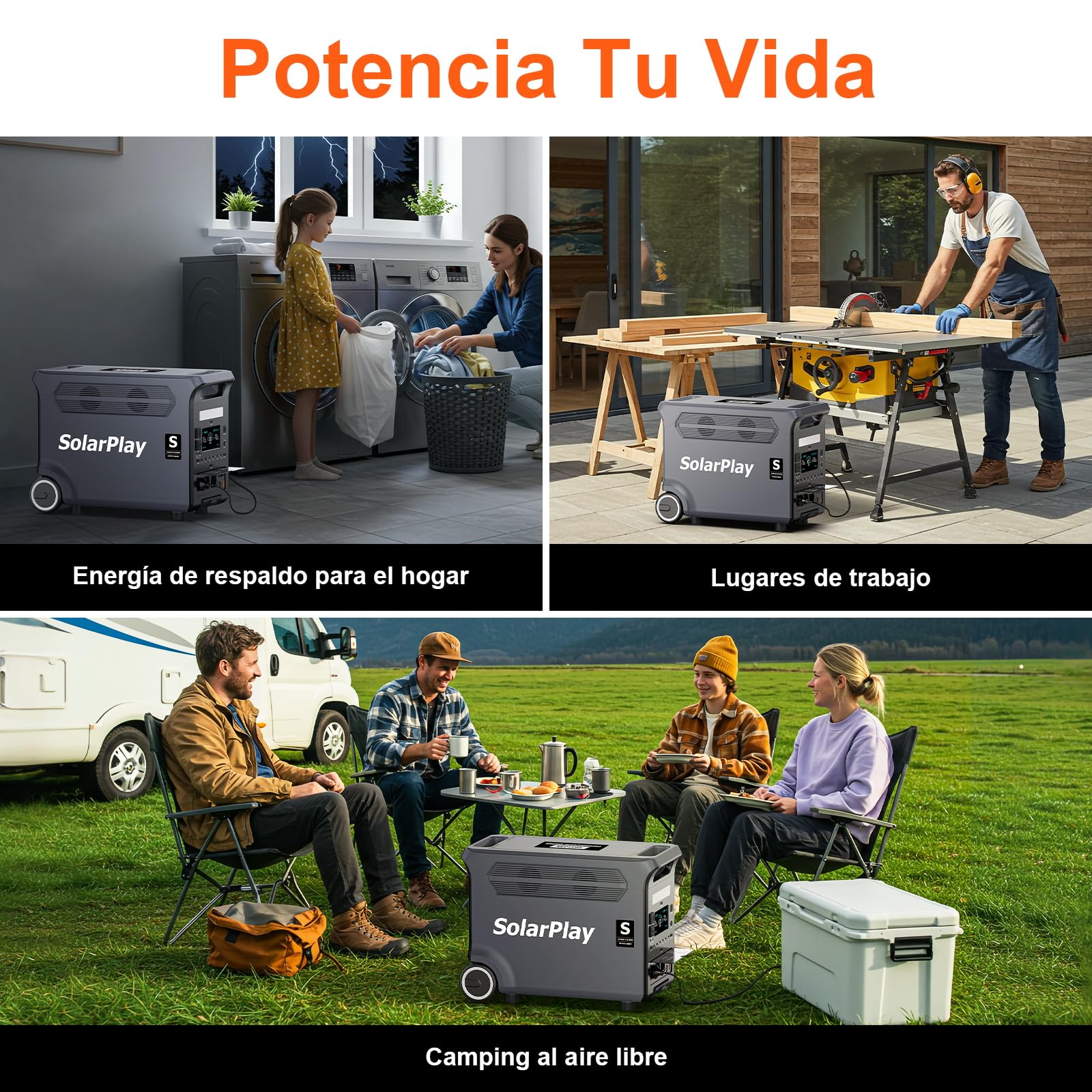 SolarPlay Q3600 Central eléctrica portátil 3600 W,Estación de energía solar 3840 Wh LiFePO4 Carga rápida 2.5h, Entrada solar 2000 W(max),UPS,Generador eléctrico portátil para hogar, (Q3600)