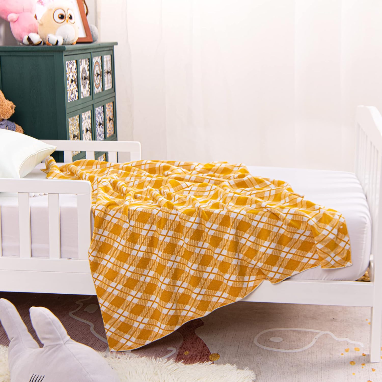 NTBAY Cotton Cable Knit Toddler Blanket, Super Soft and Breathable Warm Baby Blanket for Boys and Girls, 30 × 40 Inches, Yellow Diamond