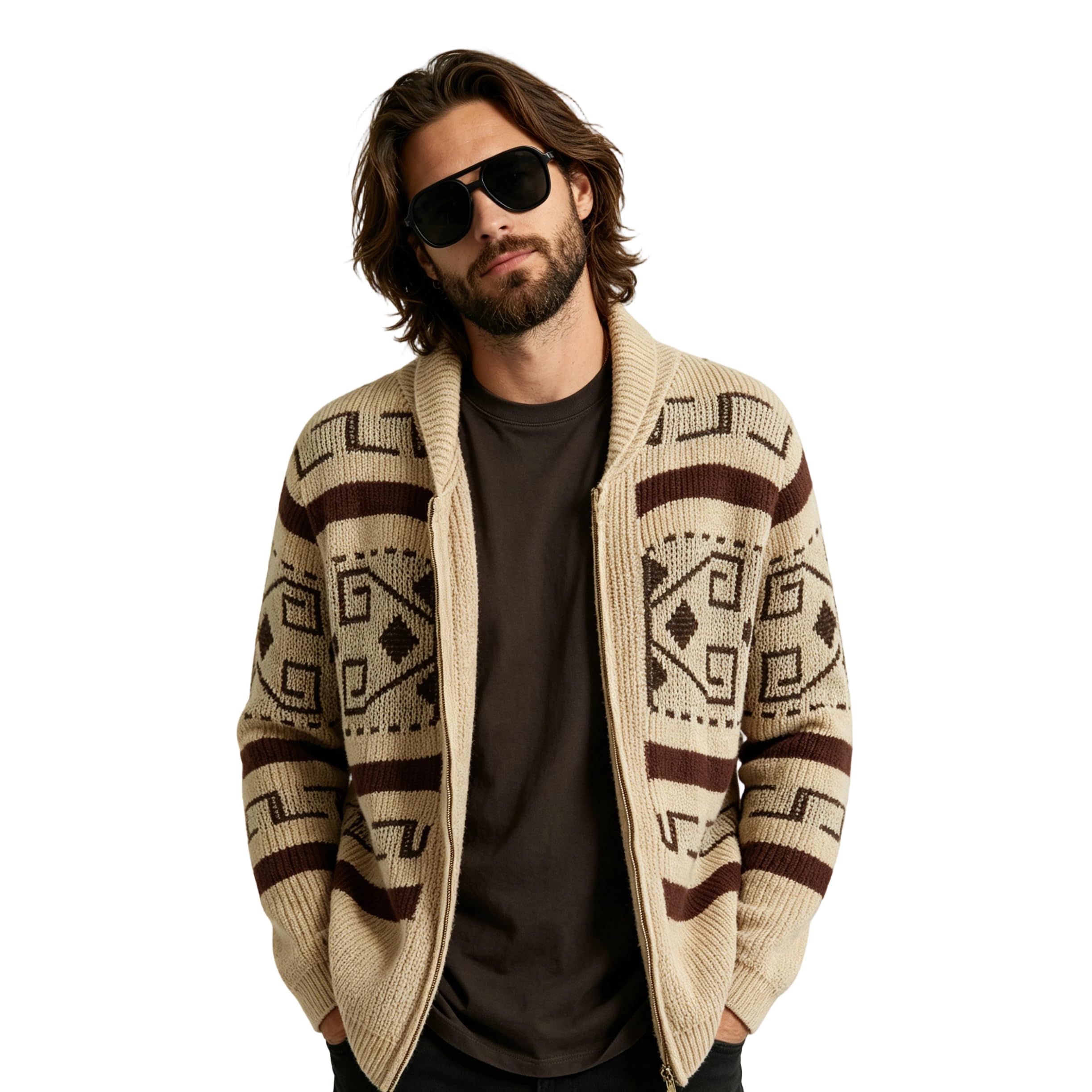Voslett Men The Dude Costume Zip Up Cardigan Knitted Sweater Glasses Halloween Themed Party Outfit for Adult 3XL