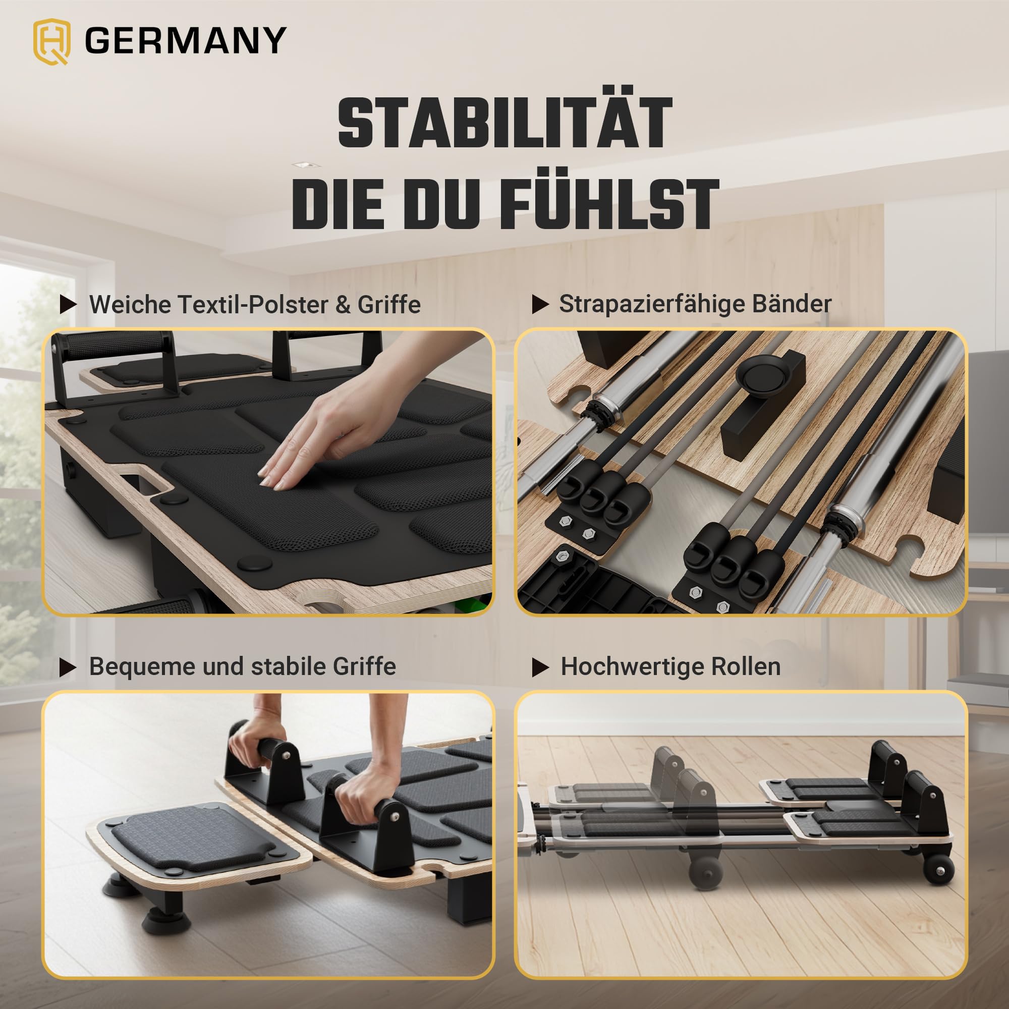 HQ Germany® Pilates Board [massives Birkenholz] - Reformer für Zuhause | inkl. Theraband-Set und digitalem E-Book, 6 Widerstandsstufen, flüsterleise Rollen, standfest & gepolstert