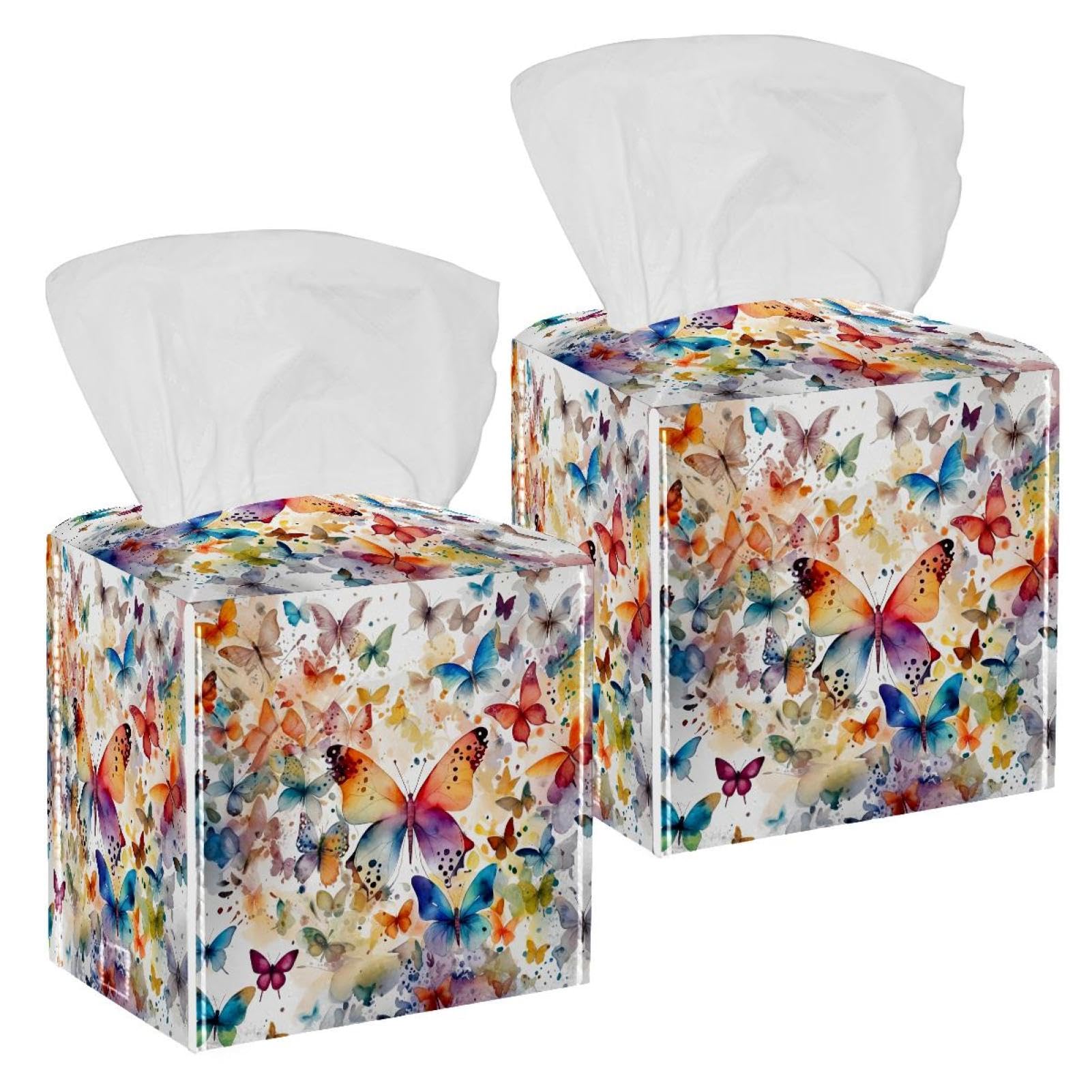 Watercolor Butterflies Tissue Box Cover, 2 Pack PU Leather Square Facial Tissue Dispenser Box holder for Home Office Car