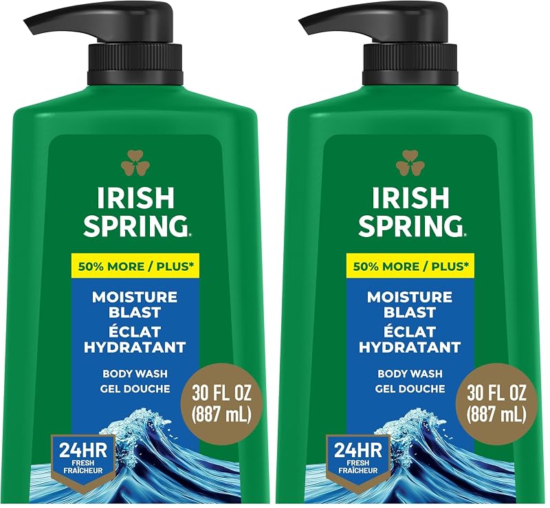 Sabonete líquido corporal masculino Irish Spring Moisture Blast, frasco com bomba, Pacote com 2