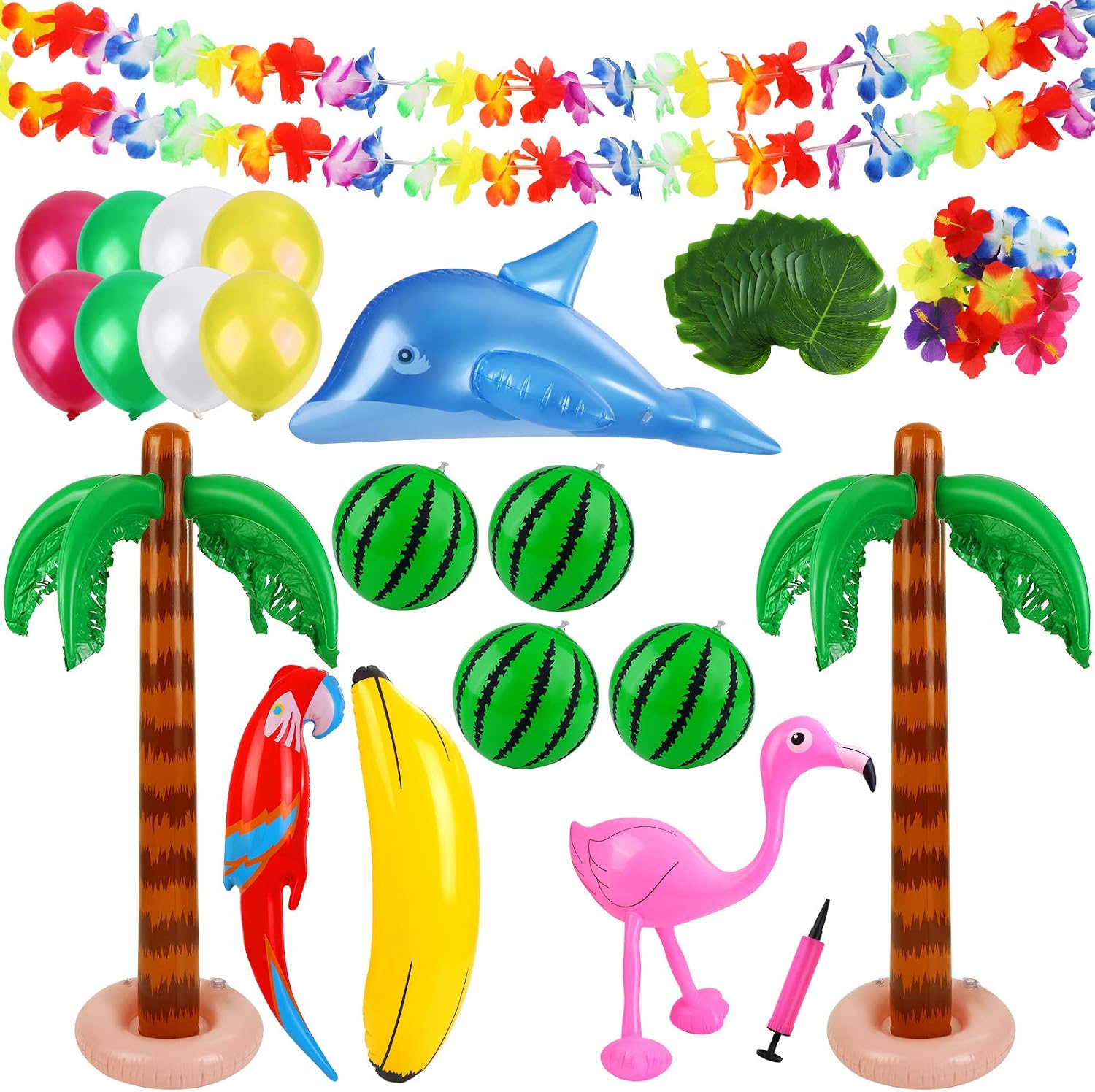 Ruisita Inflatable Luau Party Set 2 Pack Palm Trees 4 Pack Inflatable Watermelon 12 Pack Hawaiian Flowers 12 Pack Monstera Leaves 20 Pack Balloons Wingless Parrot Flamingo Banana for Party Supply