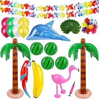 Ruisita Inflatable Luau Party Set 2 Pack Palm Trees 4 Pack Inflatable Watermelon 12 Pack Hawaiian Flowers 12 Pack Monstera Leaves 20 Pack Balloons Wingless Parrot Flamingo Banana for Party Supply