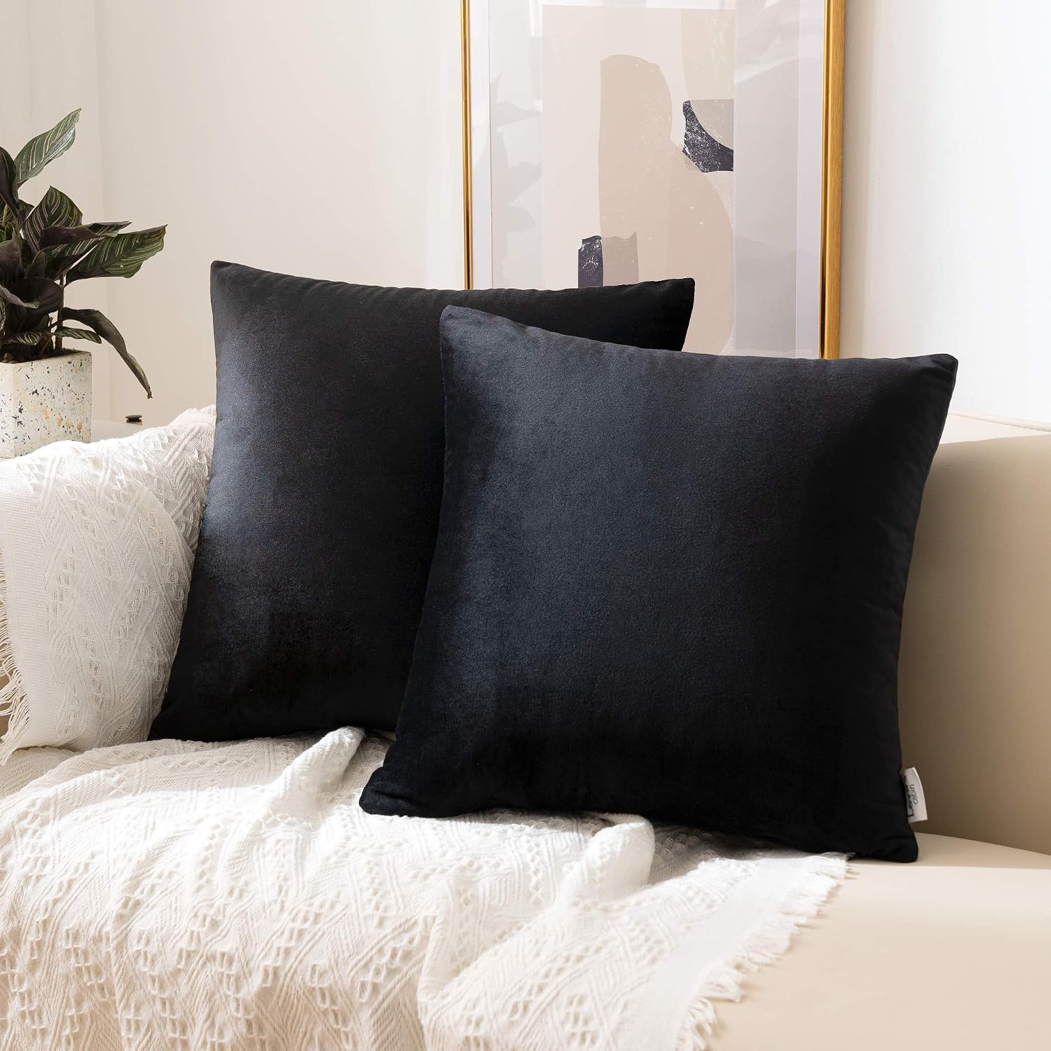 Love's cabin Velvet Throw Pillow Covers 18X18 inch Decorative Pillow Covers for Living Room, Square Cushion Pillow Covers Set of 2 for Couch Sofa, Outdoor Pillow Covers with Hidden Zipper Black