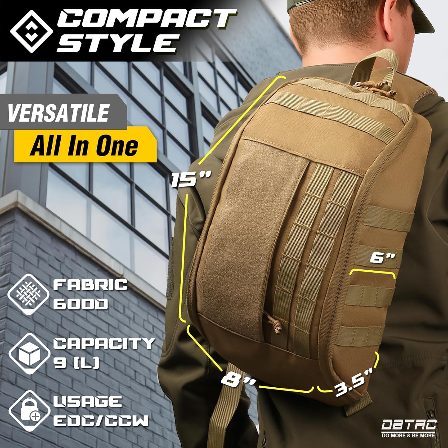 DBTAC Compact 9L Tactical Sling Bag with Removable Elastic Organizer Panel, Everyday Carry Shoulder Pack for EDC Tools, First Aid, Travel, Outdoor Sports (Brown)