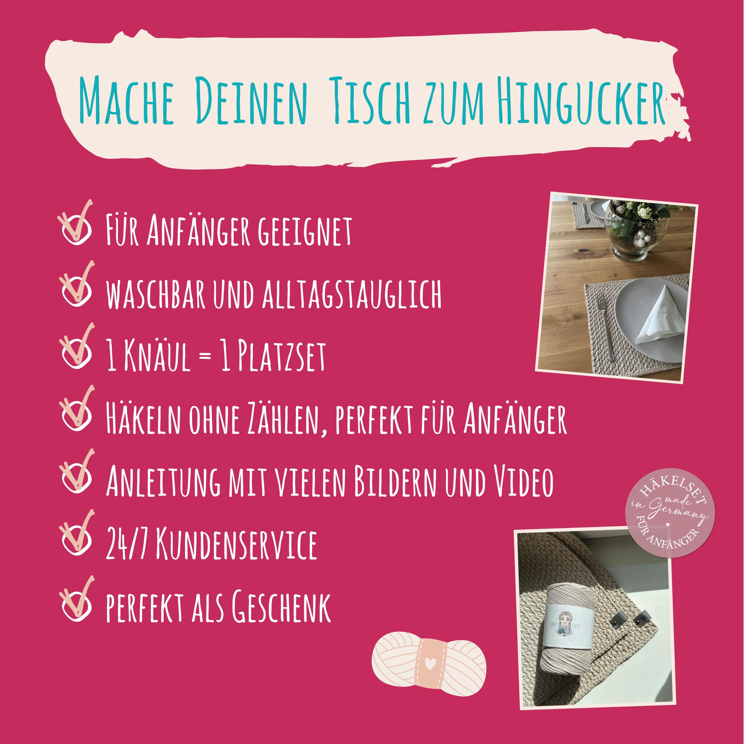 HÄKEL LIESE Kit de crochet pour débutants - Sets de table au crochet et sets de table en tissu - Kit de crochet DIY pour adultes pour apprendre au crochet - Lot de 2 ou 4 (4, beige)