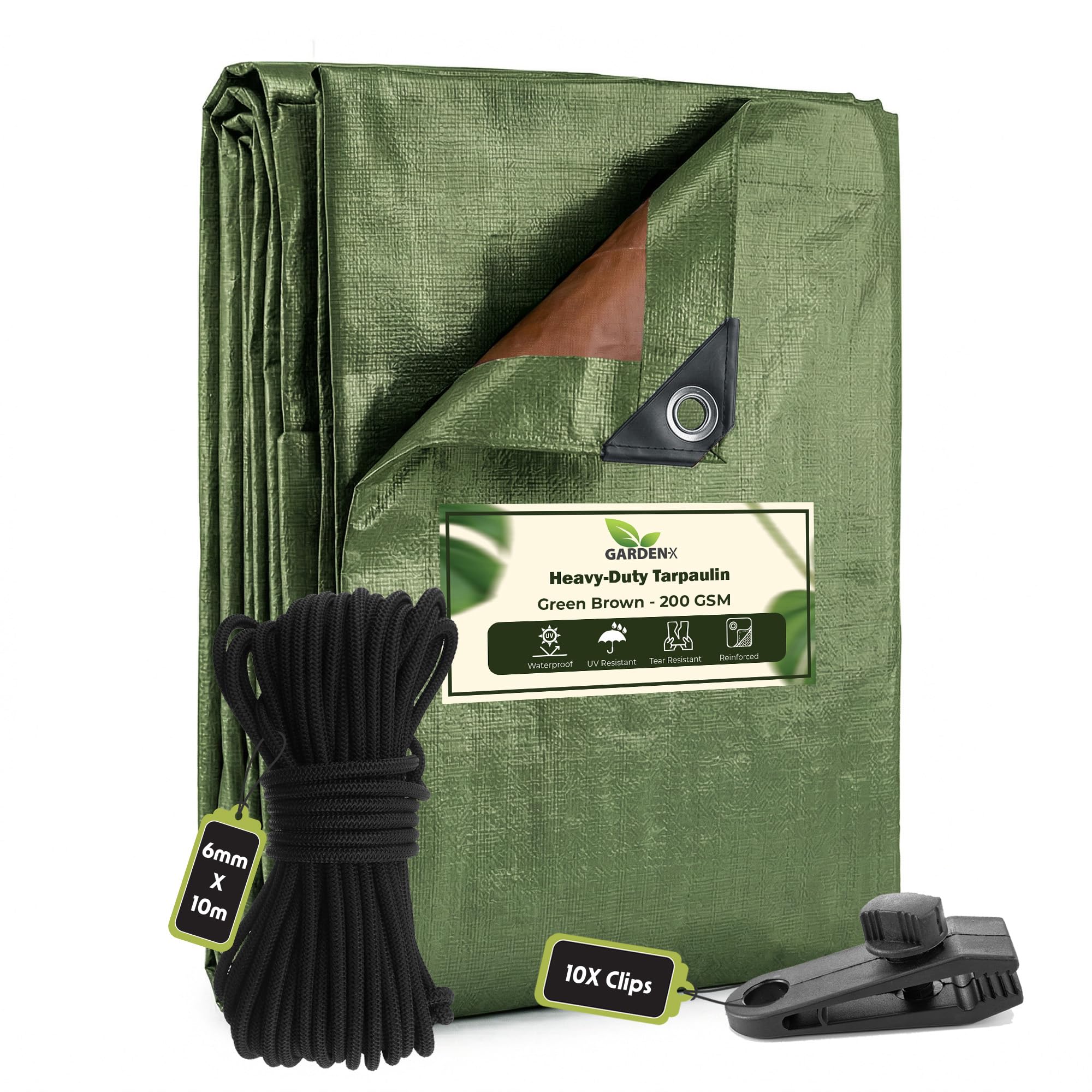 GARDENIX 3m x 3m Green Brown Heavy Duty 200gsm -eyelets every 50 cmTarpaulin Waterproof Tarp Sheet Cover, Groundsheet, Multipurpose, Reinforced +10m of 6mm Bungee Rope +10x Screw Type Tarp Clips