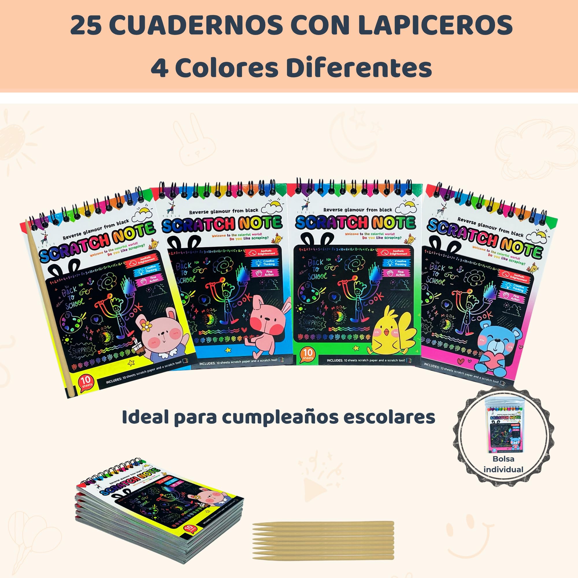 Detalles Cumpleaños Niños | Pack 25 Cuadernos para Rascar y Lápices de Madera | Regalitos Cumpleaños Invitados Niños, de 3 a 12 Años | Regalos Cumpleaños Niños Colegio