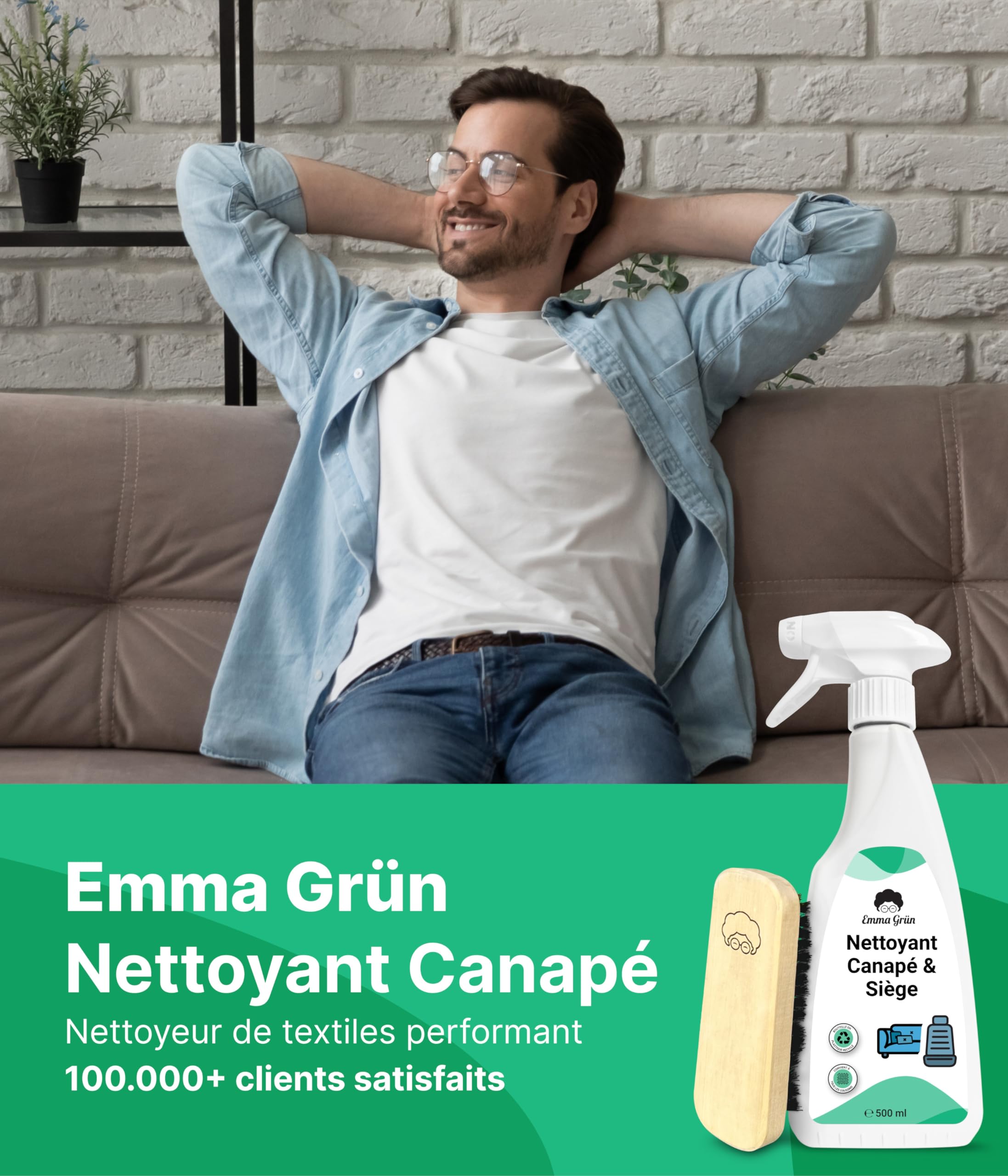 Nettoyant Premium pour Canapés & Sièges Auto, Nettoyant Durable pour Canapés 500ml, Nettoyant pour Canapés & Meubles Rembourrés avec Brosse, Emma Grün Détachant Canapé d'Allemagne