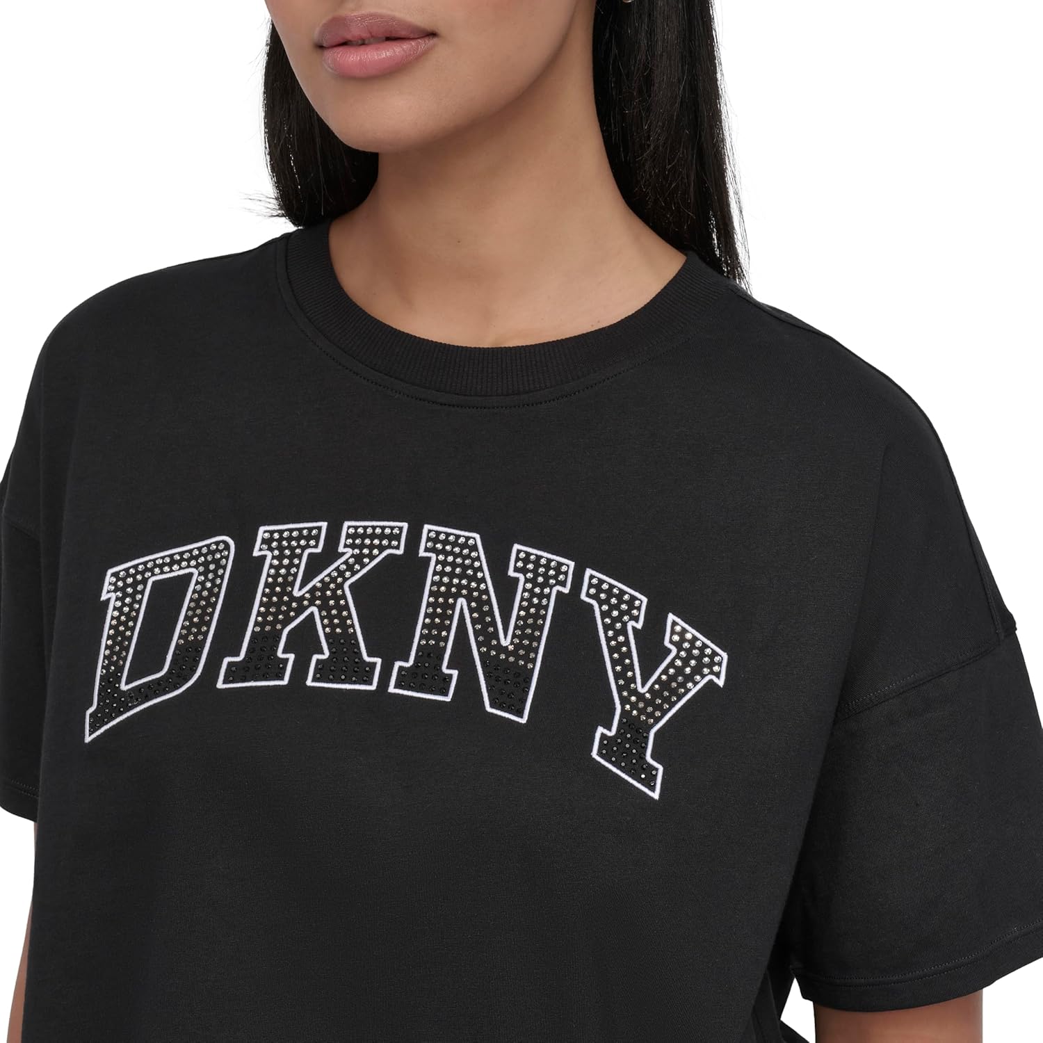 DKNY Womens Rhinestone Logo Short Sleeve Cropped Loose Fit T-Shirt - Image 5