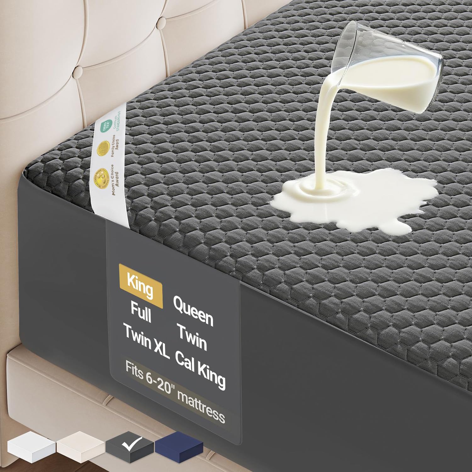 ohgeni 100% waterproof mattress protector, king-gray size mattress pad, fits 6"-20" mattresses with deep pocket, cooling, breathable fitted sheets, soft bed cover, noiseless, machine washable