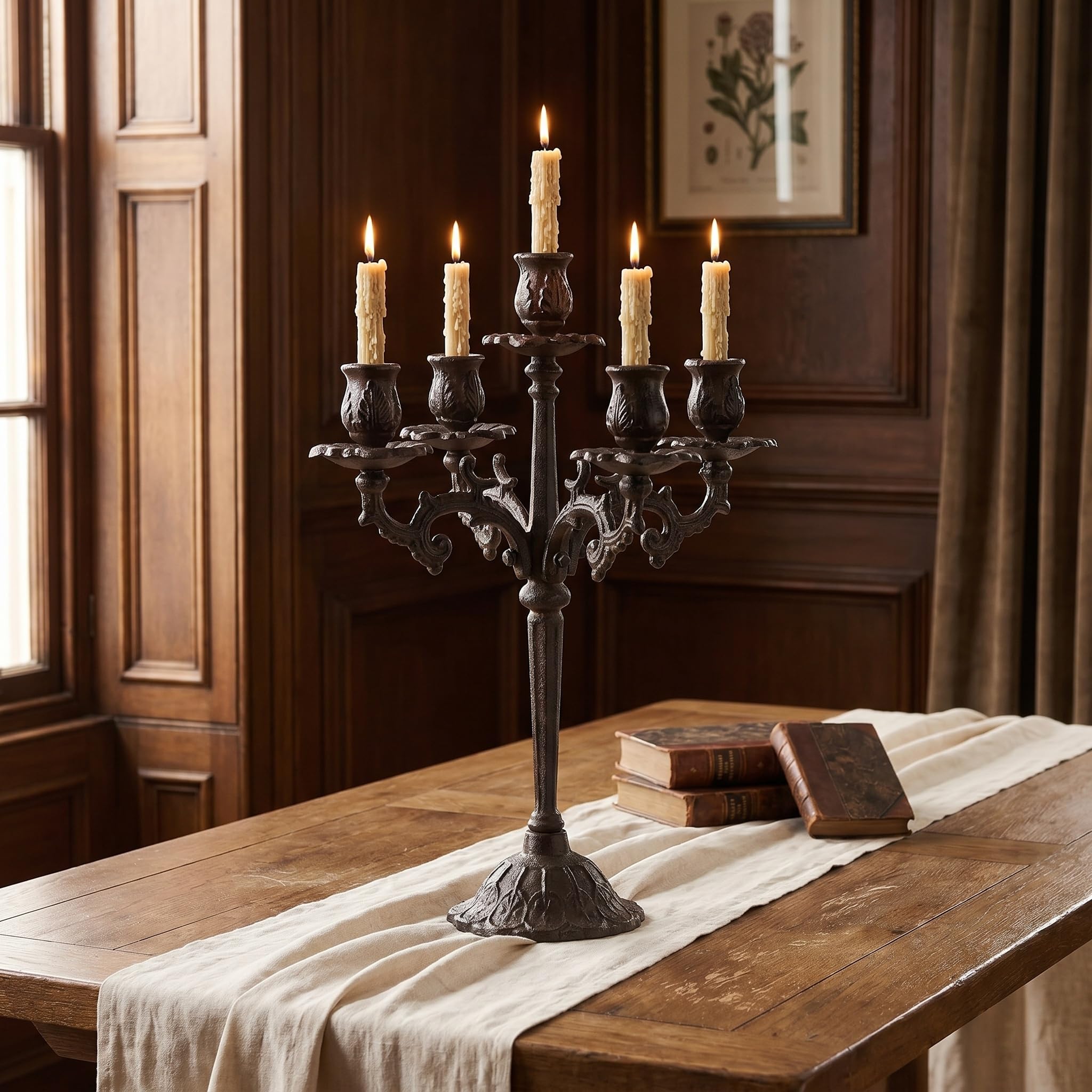 Portacandele Vintage A 5 Bracci in Ghisa - Elegante Portacandele Antico A Cono per Tavolo da Pranzo, Feste, Natale E Compleanni - Centrotavola Resistente