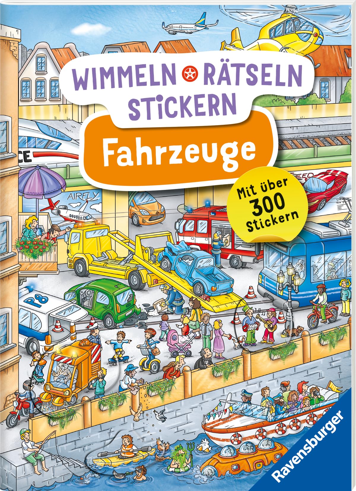 Ravensburger Wimmeln, Rätseln, Stickern: Fahrzeuge - Stickerbuch ab 4 Jahren, 13 Wimmelbilder, über 300 Sticker, Fahrzeuge
