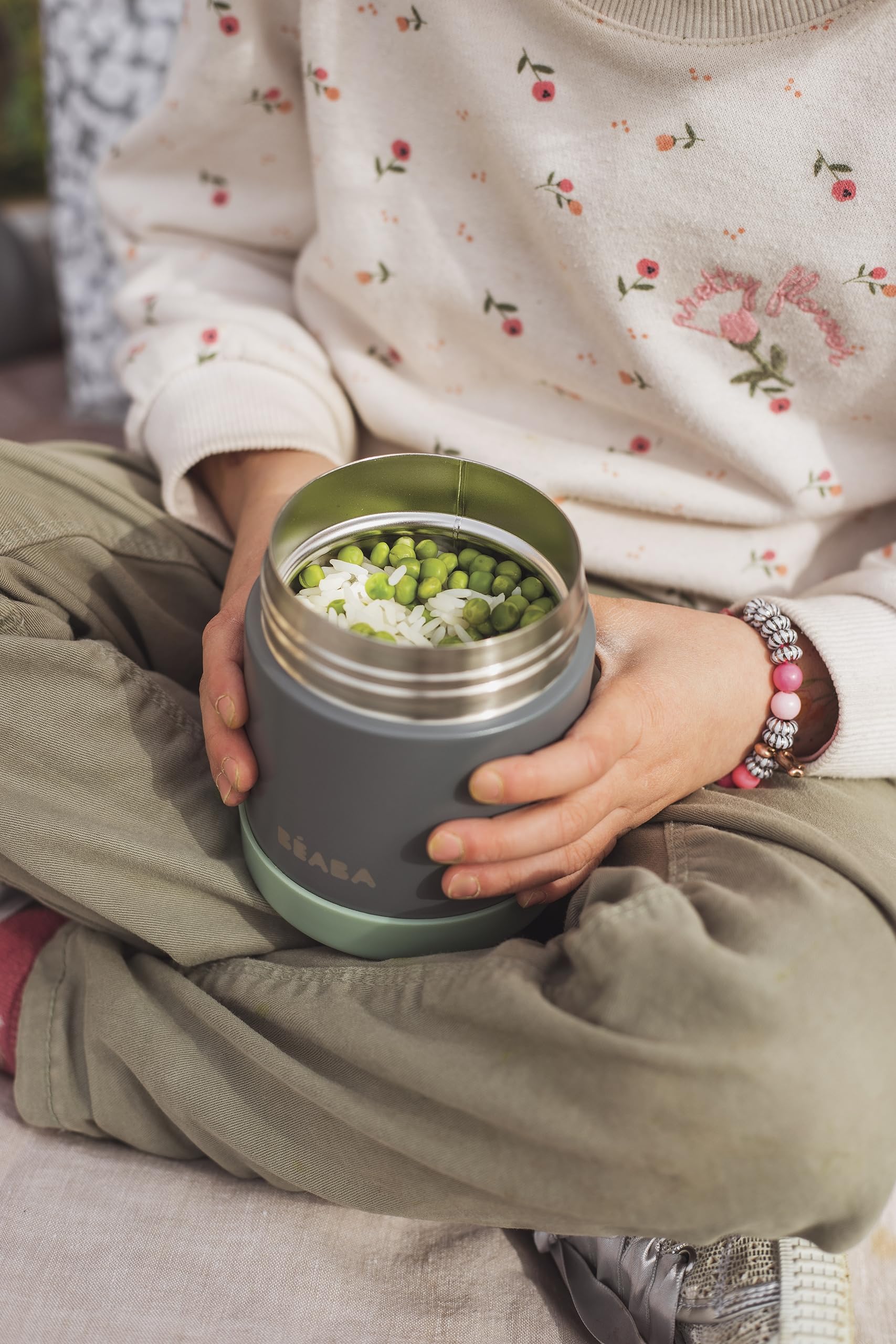 BÉABA, Portion de Conservation Repas Bébé/Enfant, Inox, Isotherme, Conserve Chaud/Froid Aliments, Double parois, 100% hermétique, 300 mL (Mineral grey/Sage green)