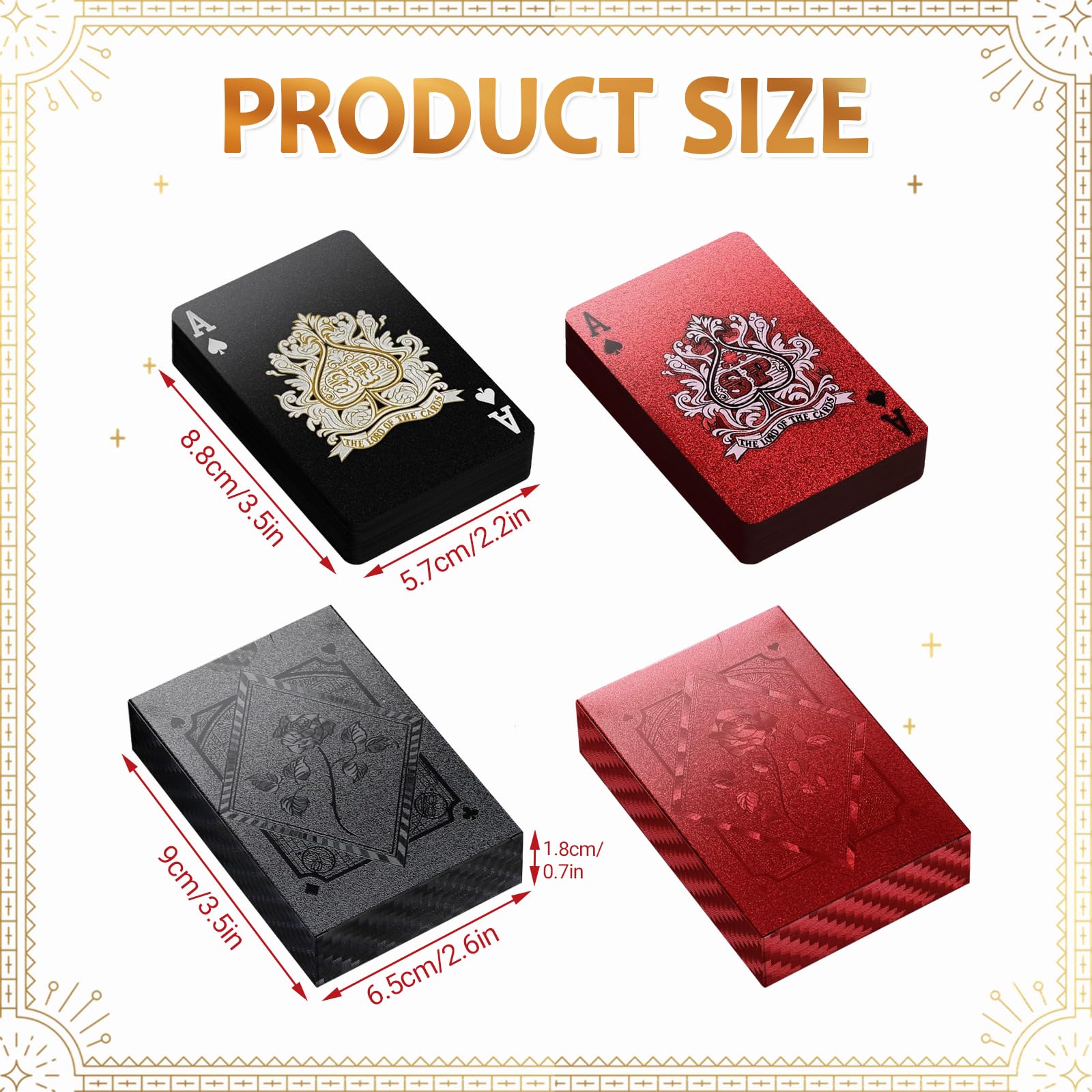 HEUIOP 2 Deck Waterproof Playing Cards,Plastic Standard Playing Card Decks,Gold Foil Rose Style Poker for Party Game BBQ Gatherings Family Entertainment Collectors,Ages 12+ (Black & Red) - Image 2