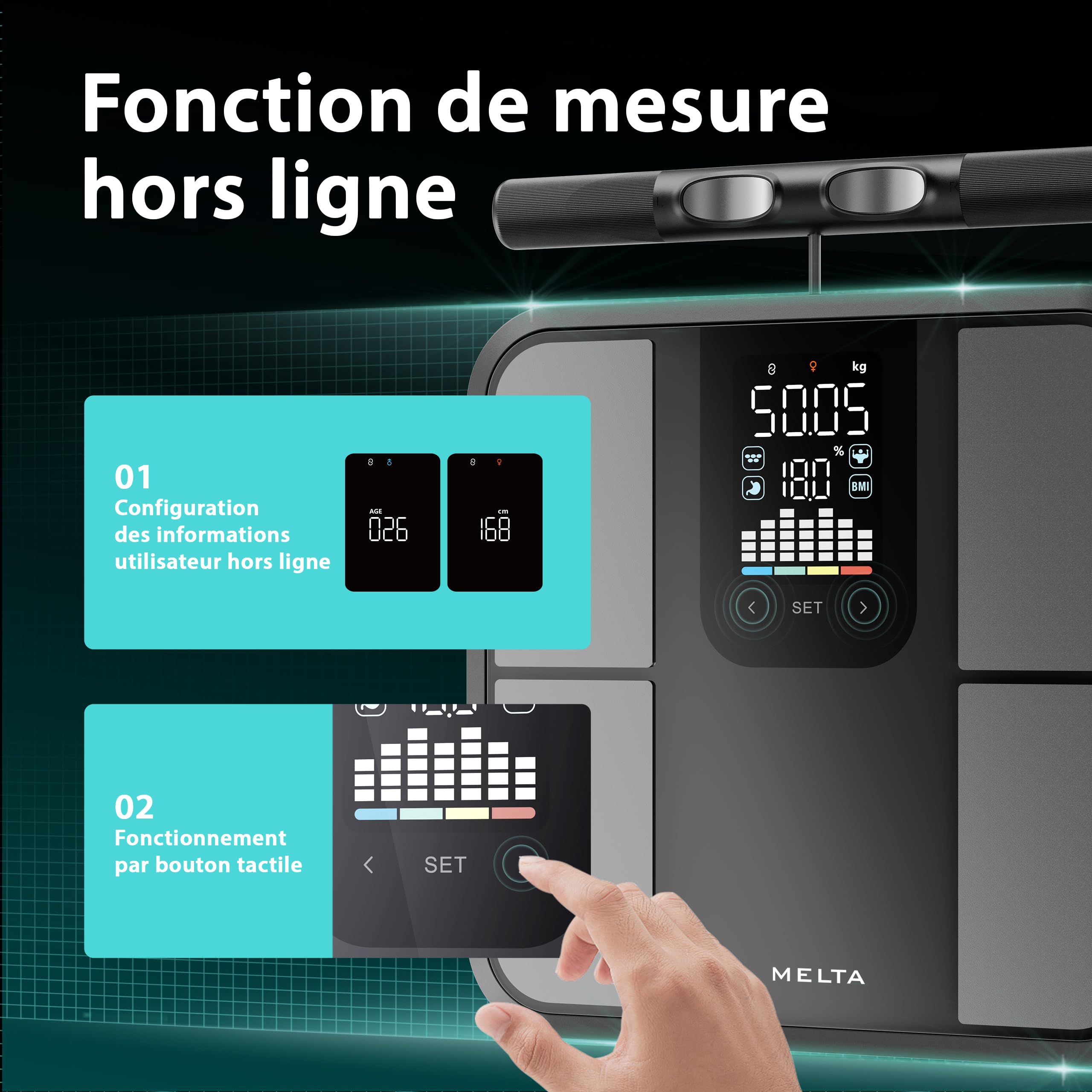 MELTA® Balance Connectée Impédancemètre 8 Électrodes – Pèse Personne 58 Mesures BIA Double Fréquence – Masse Grasse Musculaire IMC – Écran LED Couleur – Mode Hors Ligne – Analyse Corporelle Complète