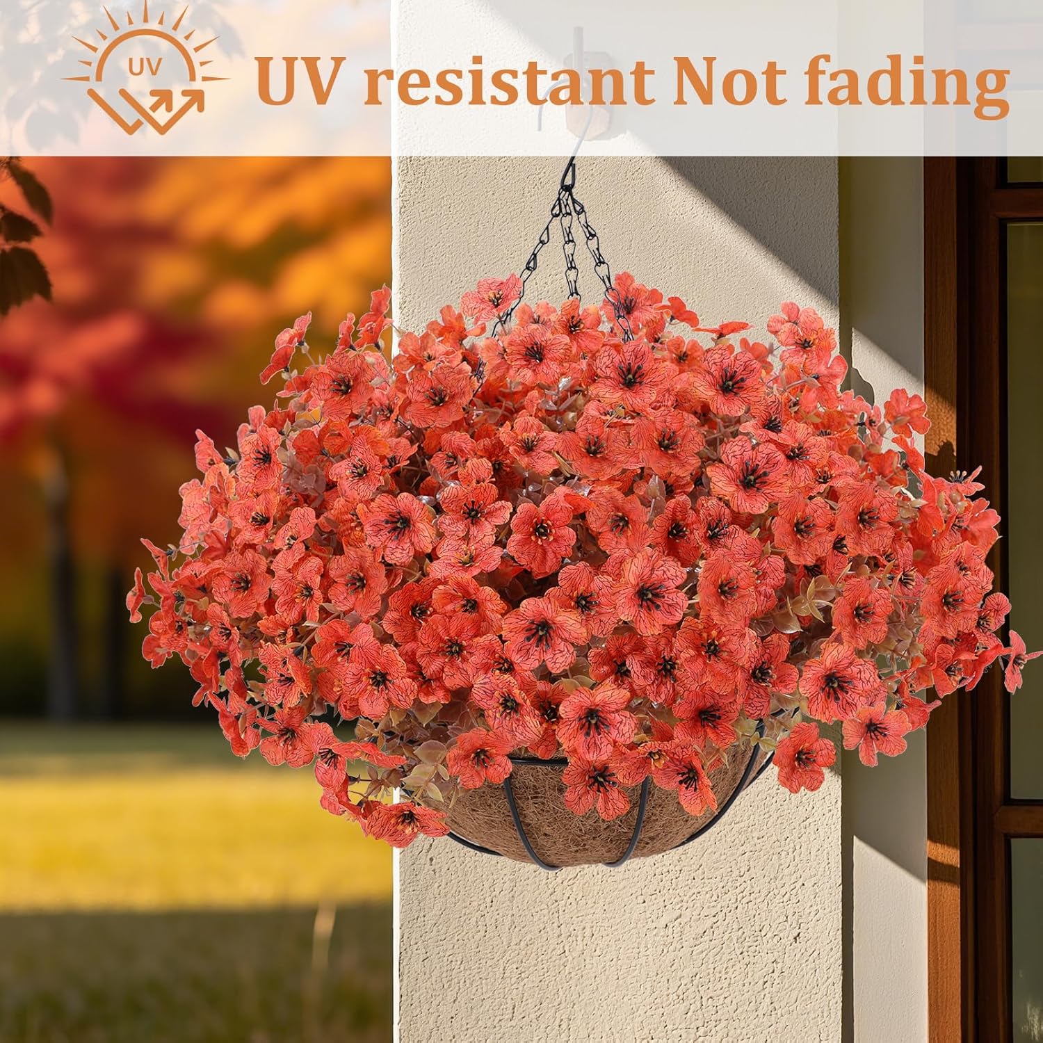 Geegoods Artificial Hanging Baskets for Outdoors Decoration, 24 Pcs Artficial Outdoor Flowers with Hanging Baskets UV Resistant Look Real Orange Mums for Autumn Porch Patio Balcony Yard Home Decor - Image 3